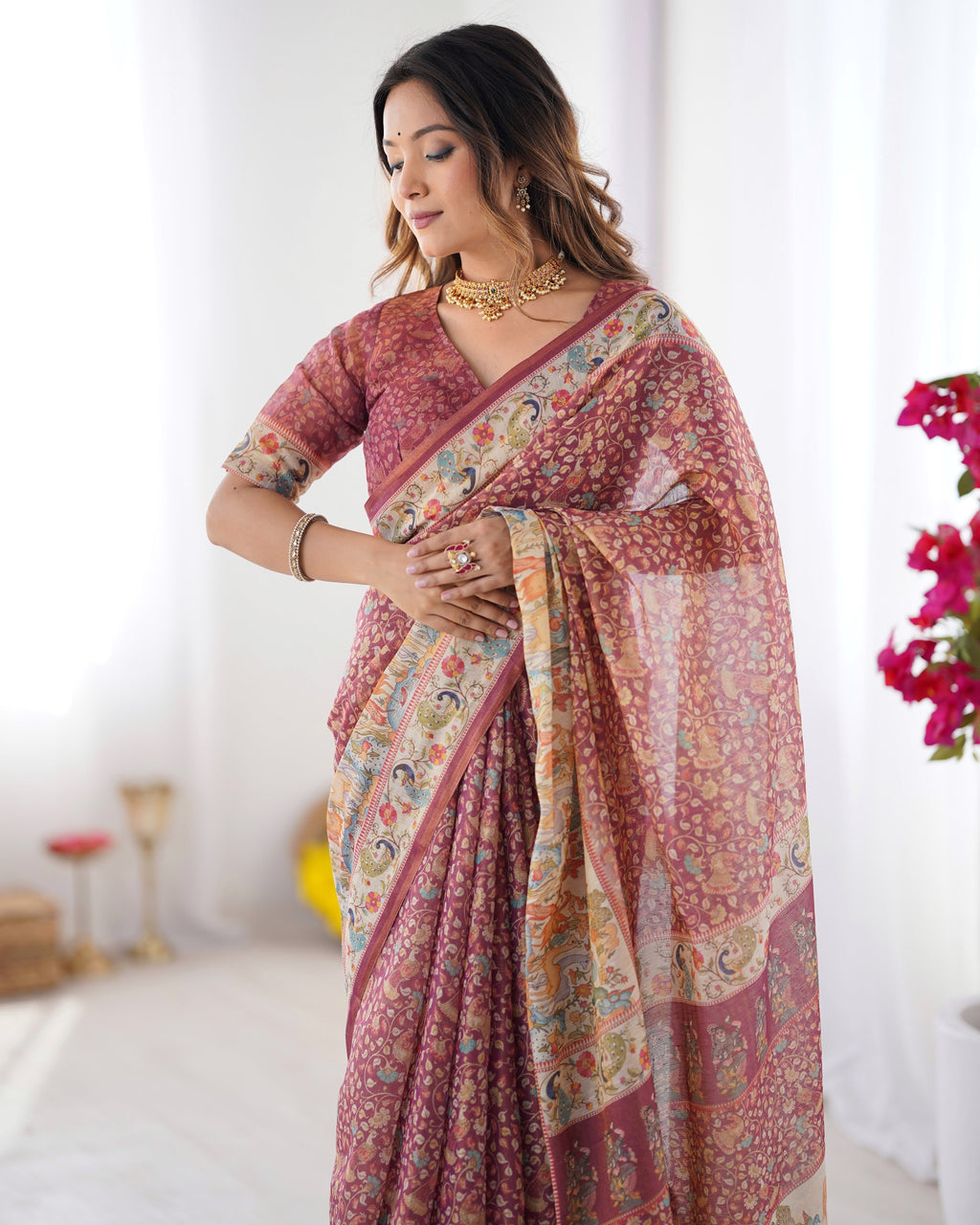 Maroon Handloom Cotton Saree with All-Over Floral Print & Multicolor Royal Procession Pallu