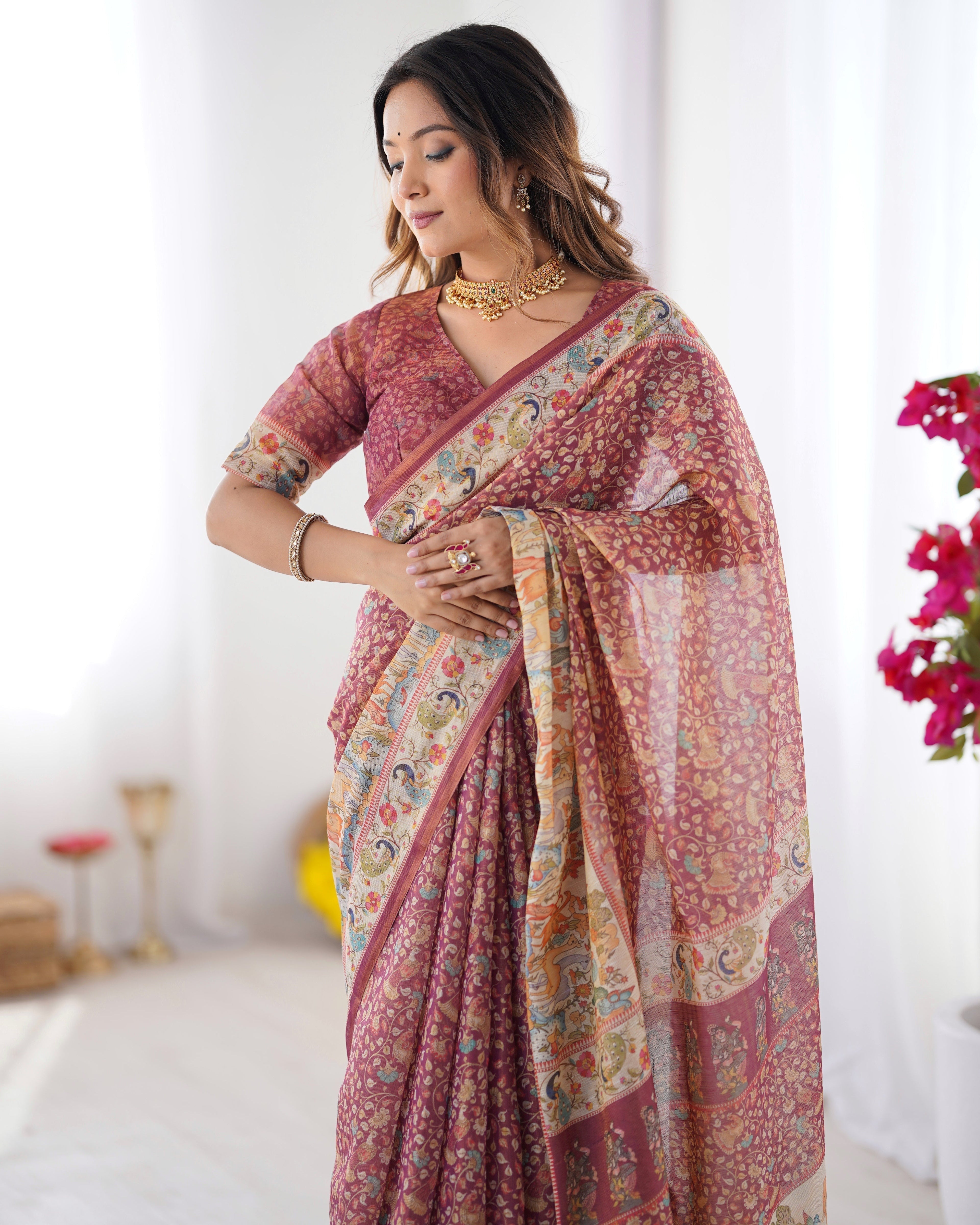 Maroon Handloom Cotton Saree with All-Over Floral Print & Multicolor Royal Procession Pallu