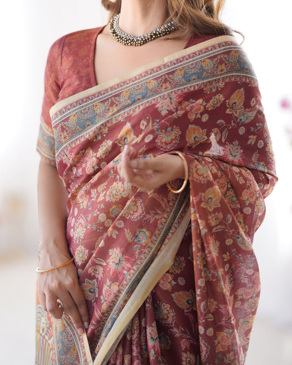 Rust Maroon Handloom Cotton Saree with Floral Jaal & Multicolor Mandala Pallu Art