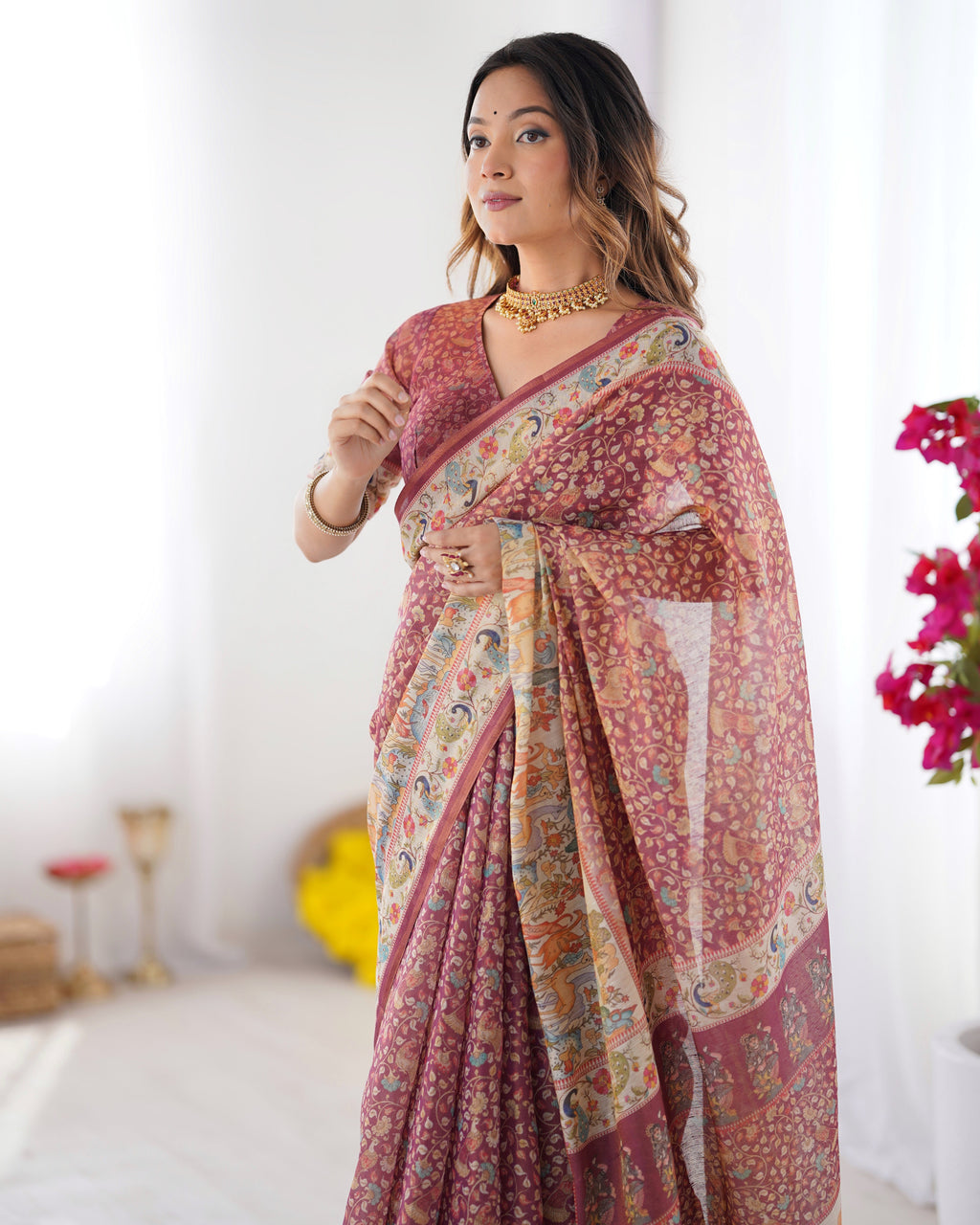 Maroon Handloom Cotton Saree with All-Over Floral Print & Multicolor Royal Procession Pallu