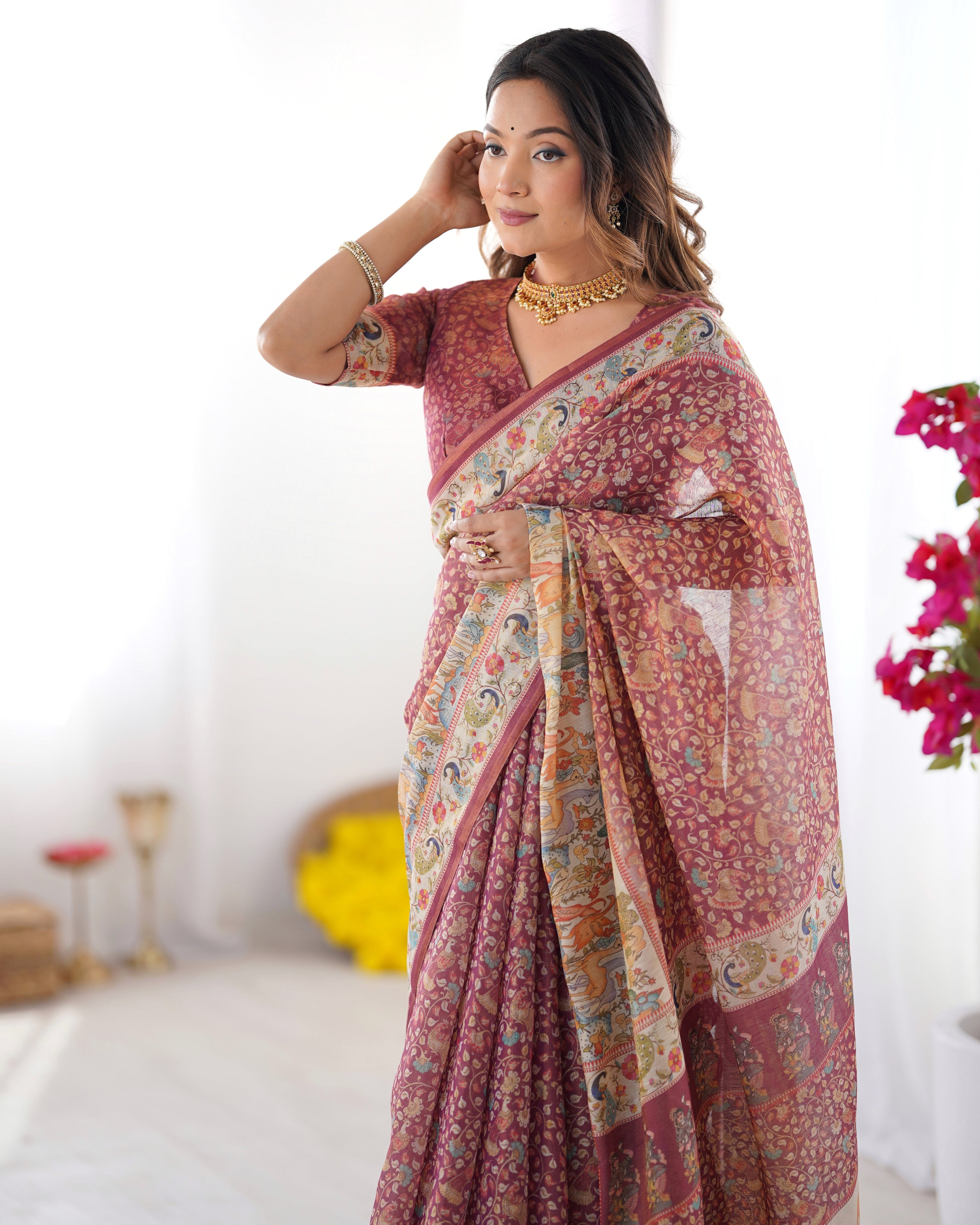 Maroon Handloom Cotton Saree with All-Over Floral Print & Multicolor Royal Procession Pallu