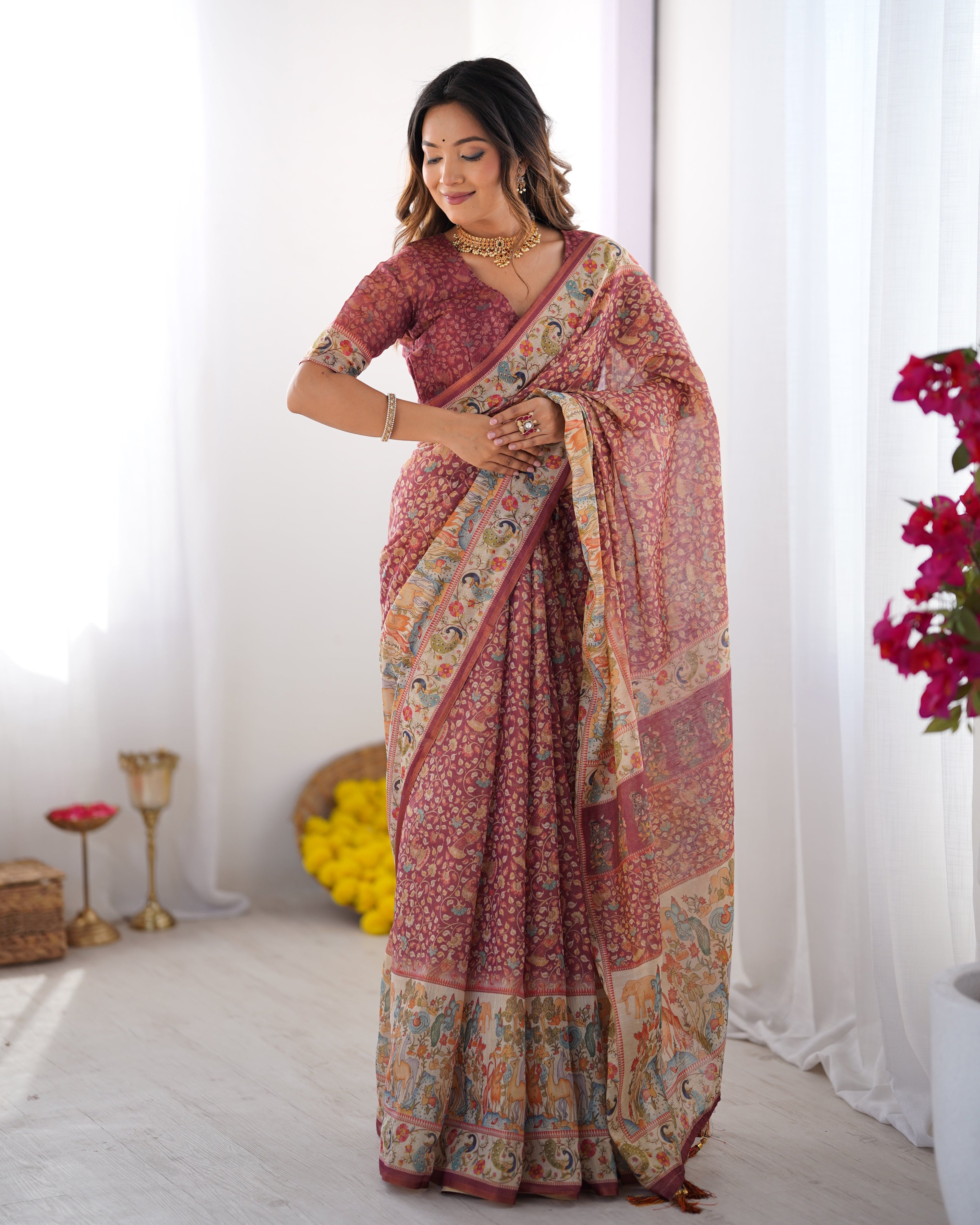 Maroon Handloom Cotton Saree with All-Over Floral Print & Multicolor Royal Procession Pallu