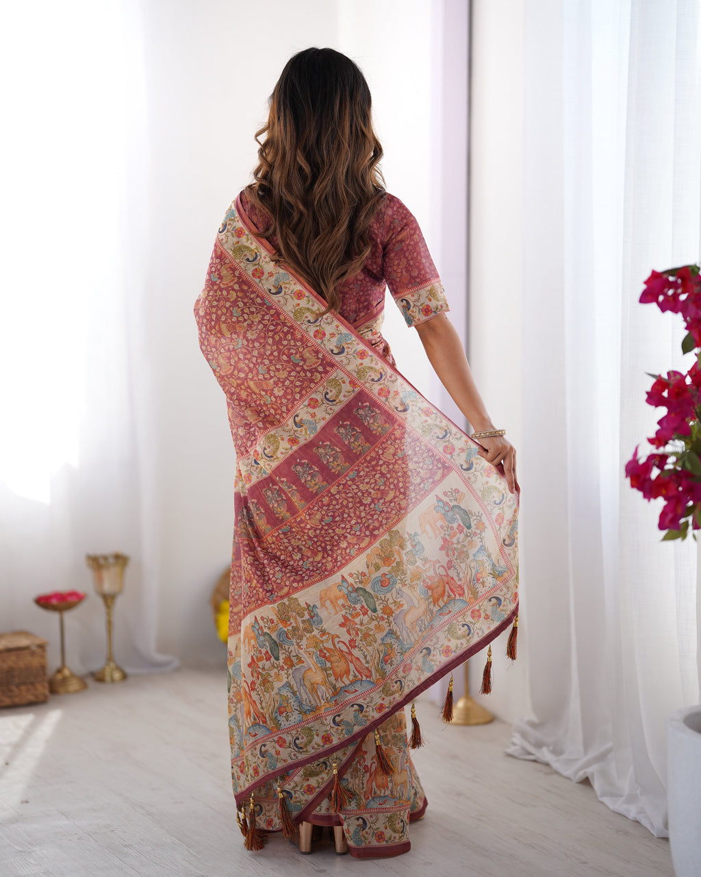 Maroon Handloom Cotton Saree with All-Over Floral Print & Multicolor Royal Procession Pallu