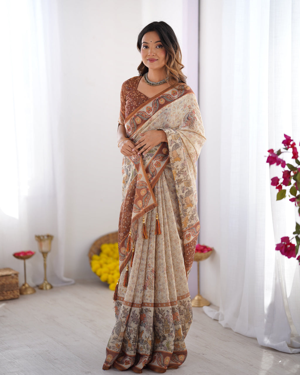 Elegant Beige & Brown Pure Linen Cotton Handloom Saree with Animal Motifs and Floral Prints