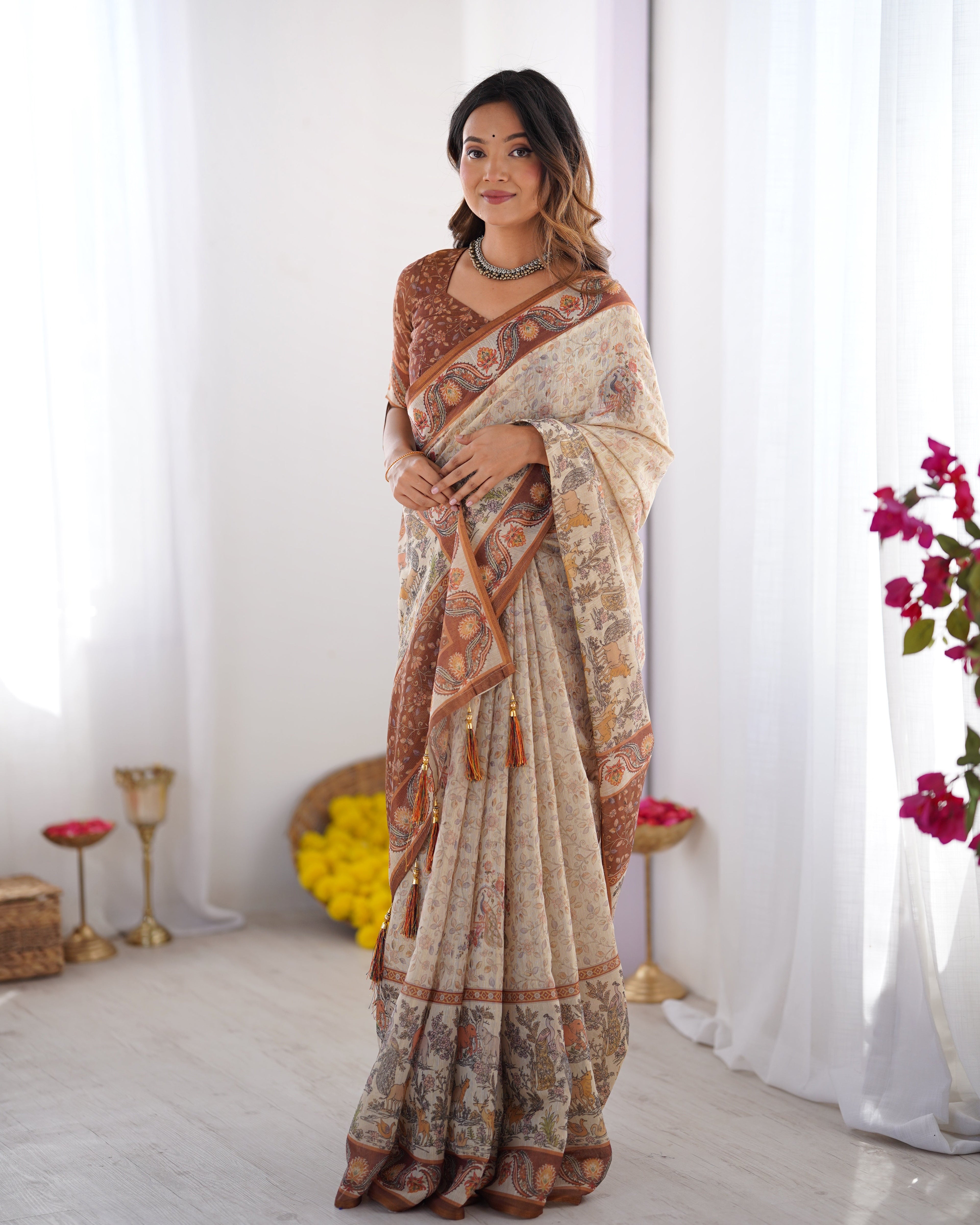 Elegant Beige & Brown Pure Linen Cotton Handloom Saree with Animal Motifs and Floral Prints