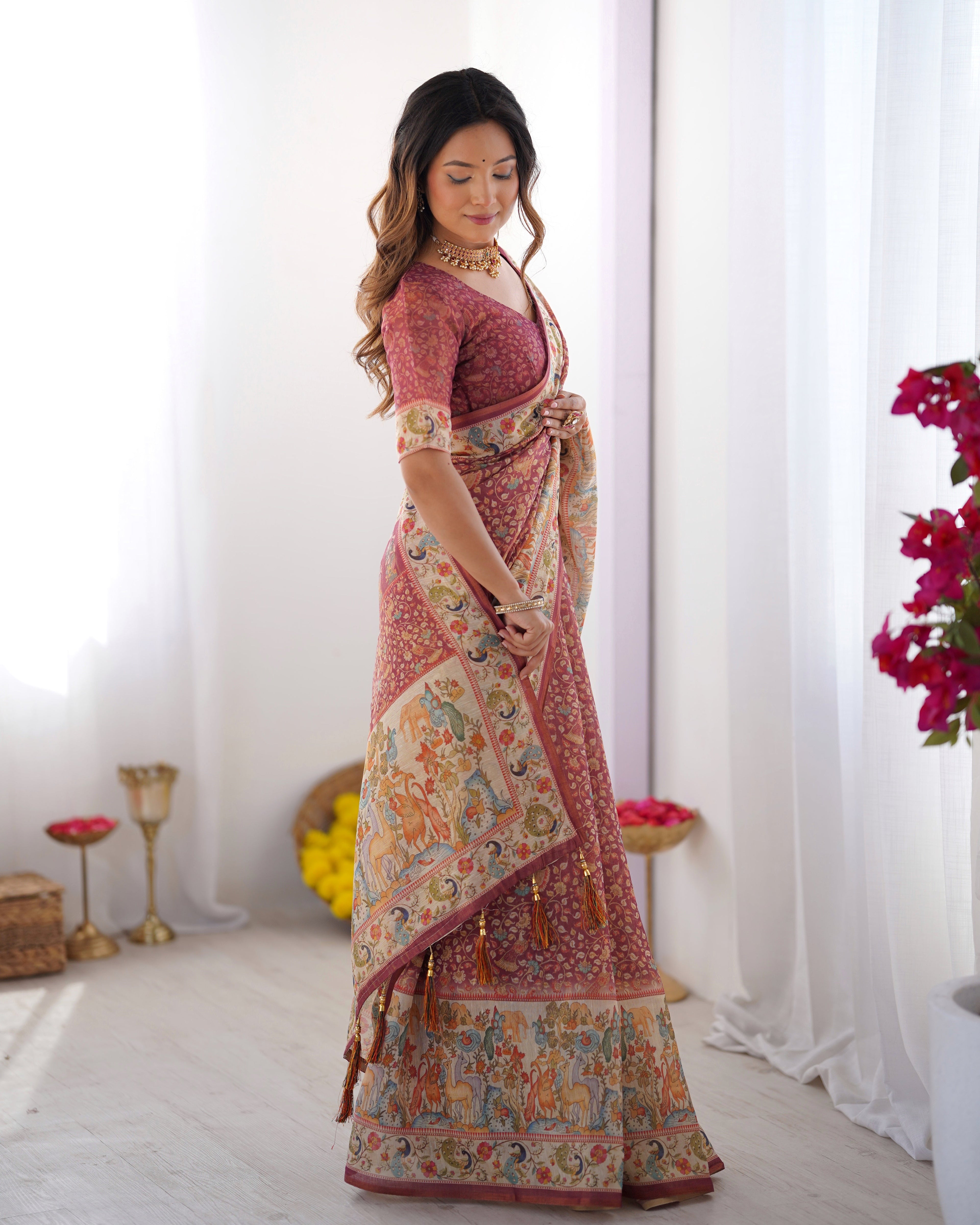 Maroon Handloom Cotton Saree with All-Over Floral Print & Multicolor Royal Procession Pallu