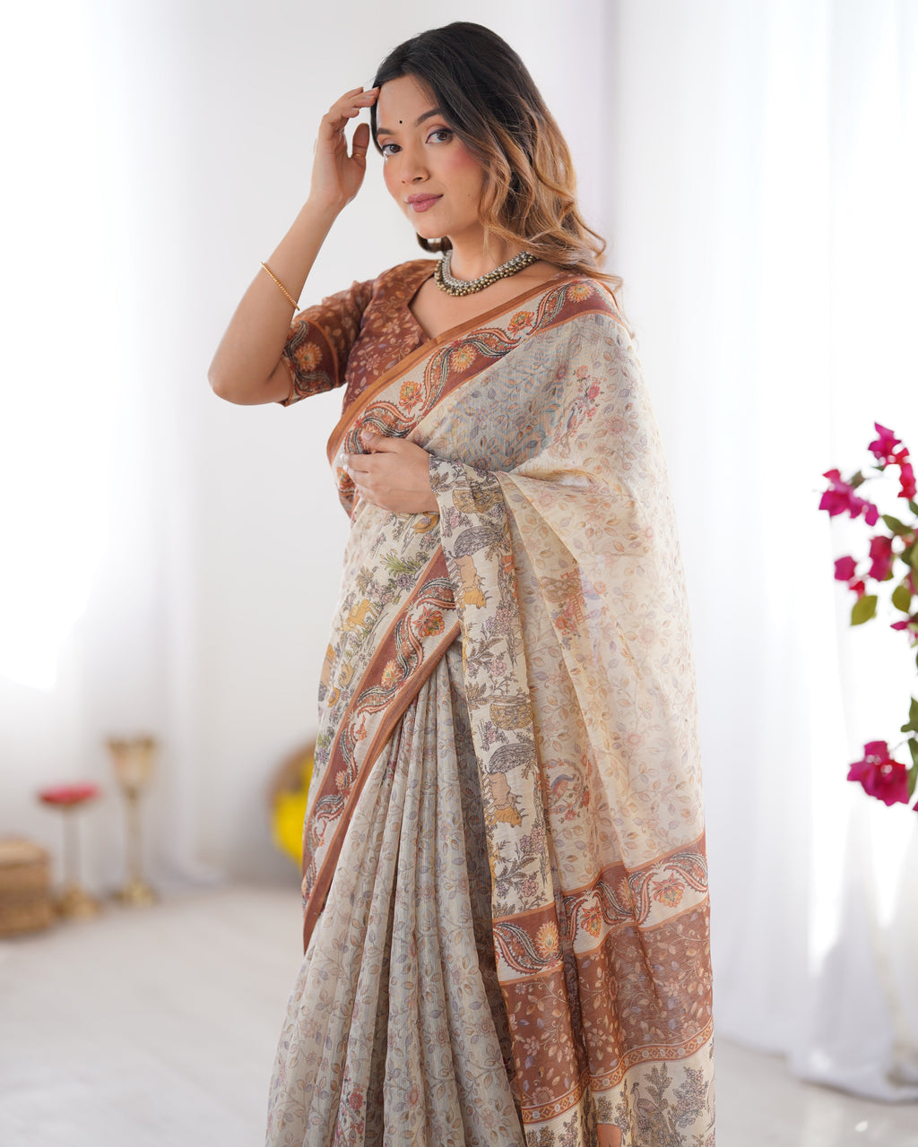 Elegant Beige & Brown Pure Linen Cotton Handloom Saree with Animal Motifs and Floral Prints
