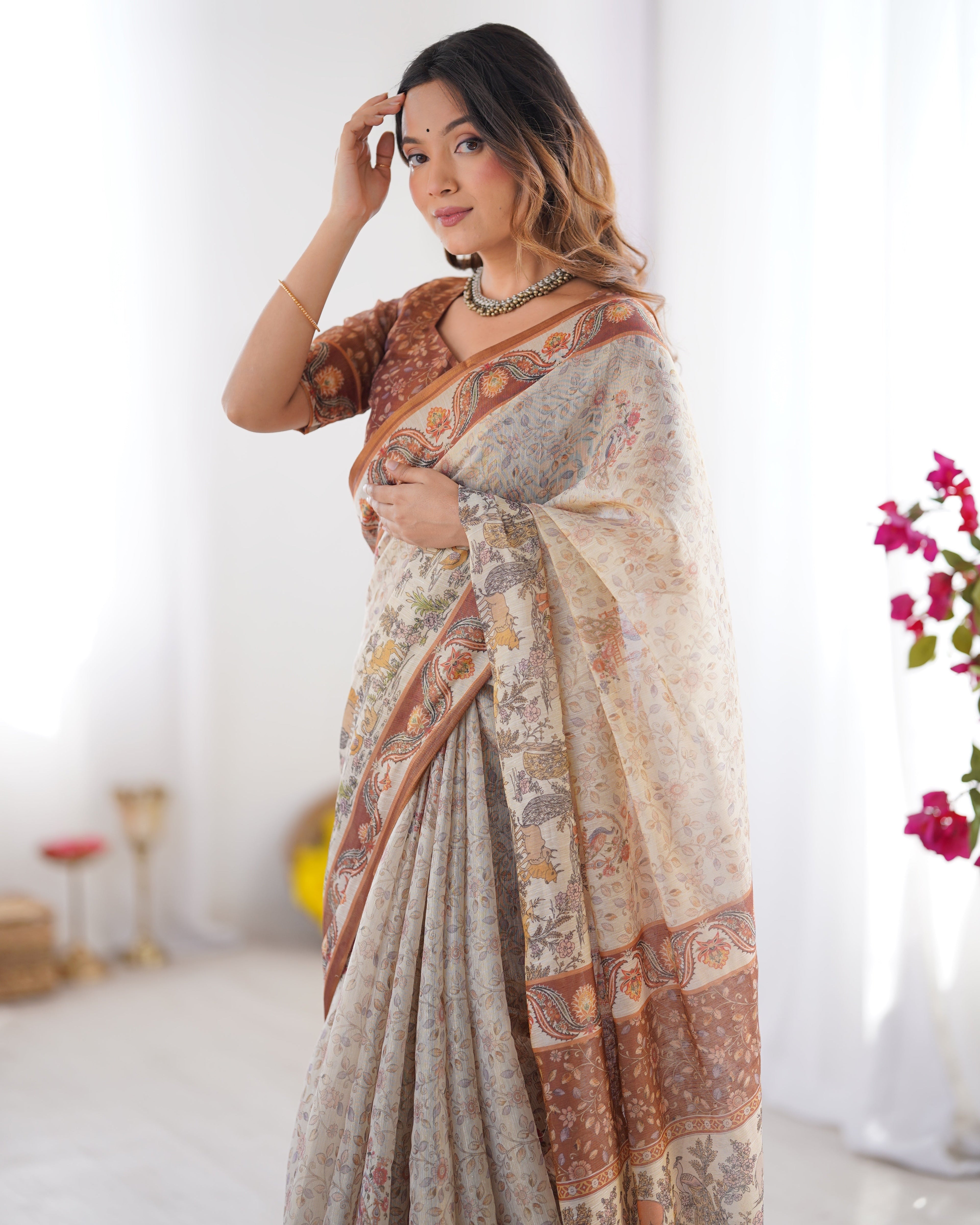 Elegant Beige & Brown Pure Linen Cotton Handloom Saree with Animal Motifs and Floral Prints