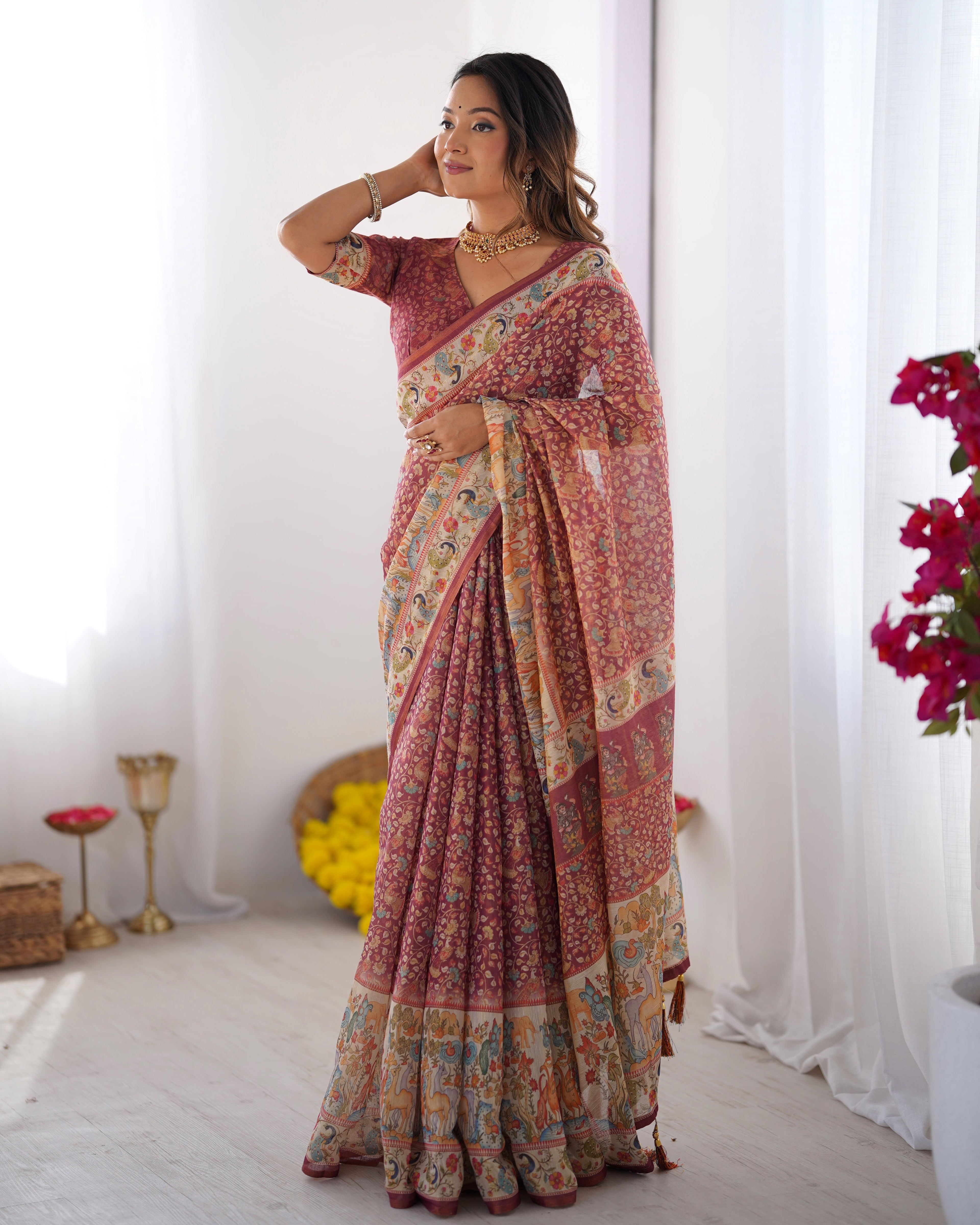 Maroon Handloom Cotton Saree with All-Over Floral Print & Multicolor Royal Procession Pallu