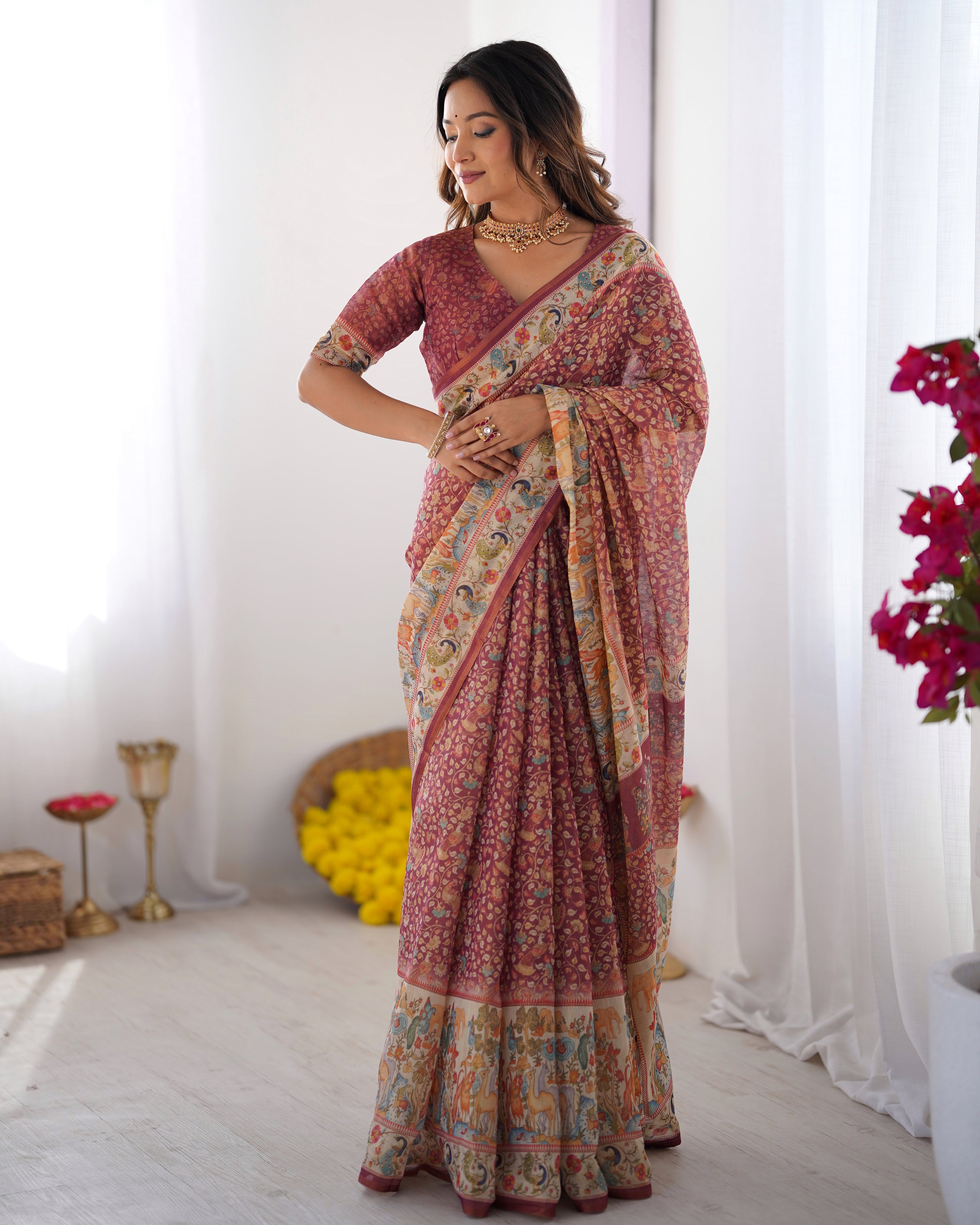 Maroon Handloom Cotton Saree with All-Over Floral Print & Multicolor Royal Procession Pallu