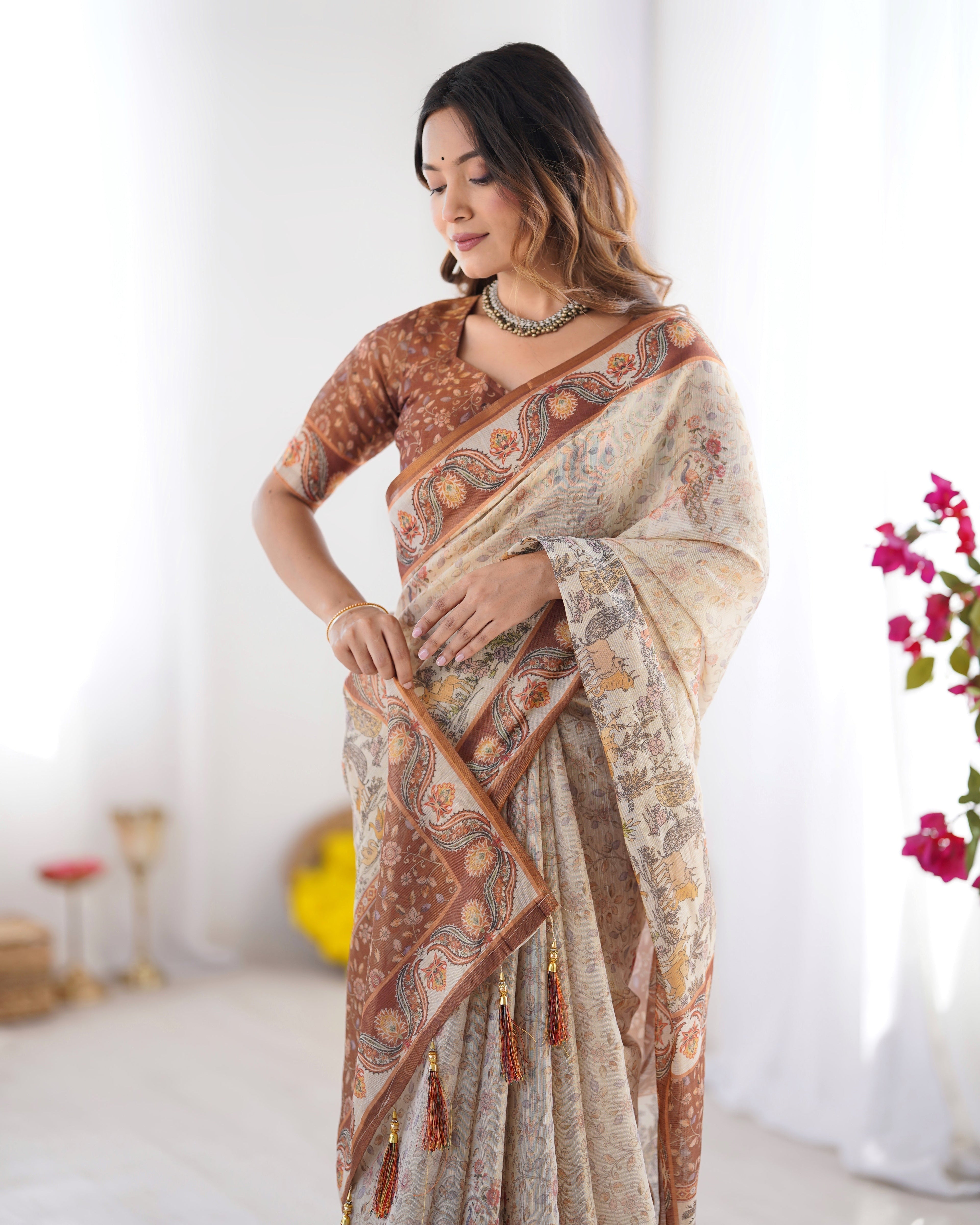 Elegant Beige & Brown Pure Linen Cotton Handloom Saree with Animal Motifs and Floral Prints