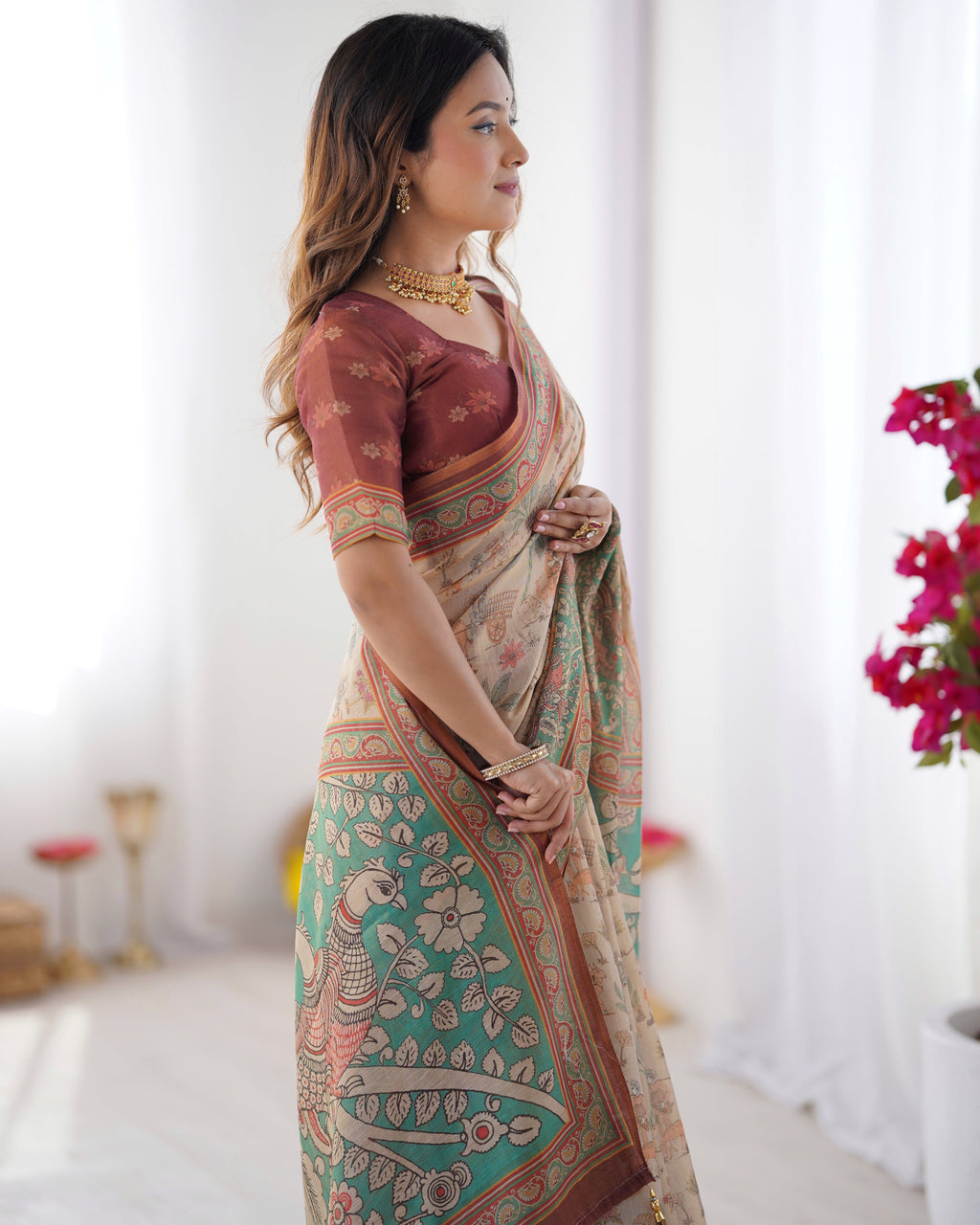 Beige & Green Handloom Cotton Saree with Village Life Print and Majestic Peacock Pallu