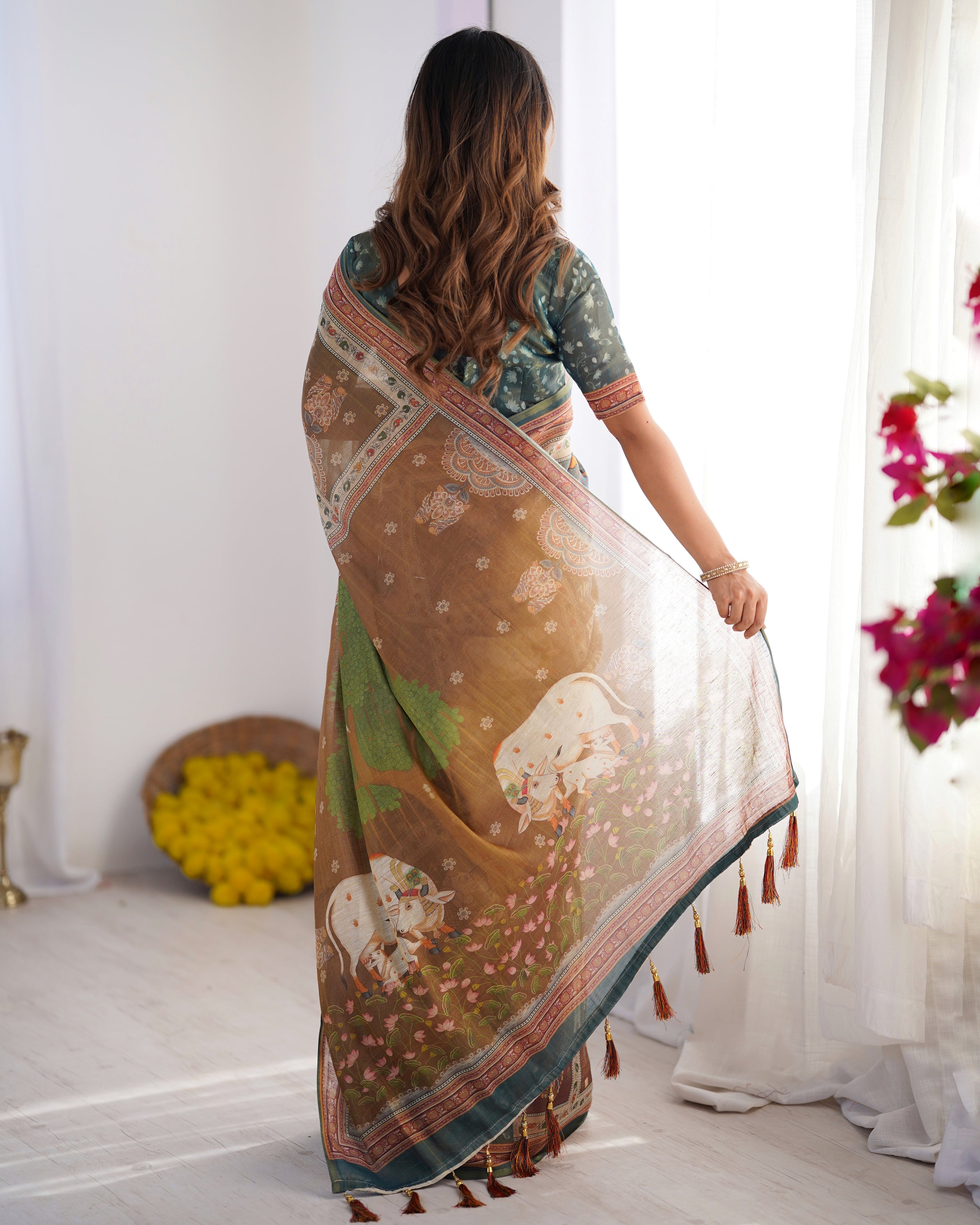 Teal Green & Brown Pure Linen Cotton Handloom Saree with Royal Cow & Tree Motif Pallu