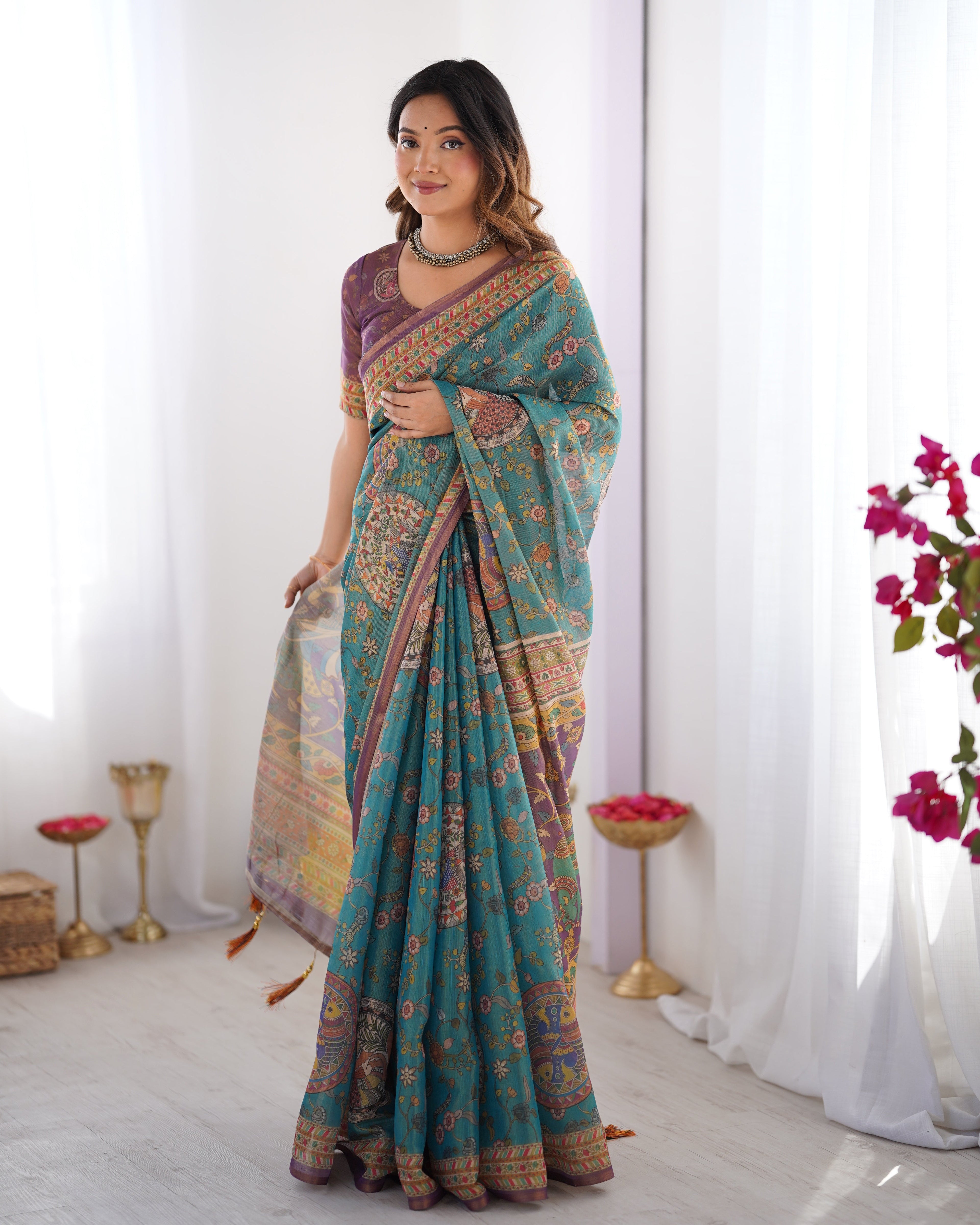 Sea Green & Purple Linen Cotton Saree with Hand-Painted Krishna Raas Leela Pallu