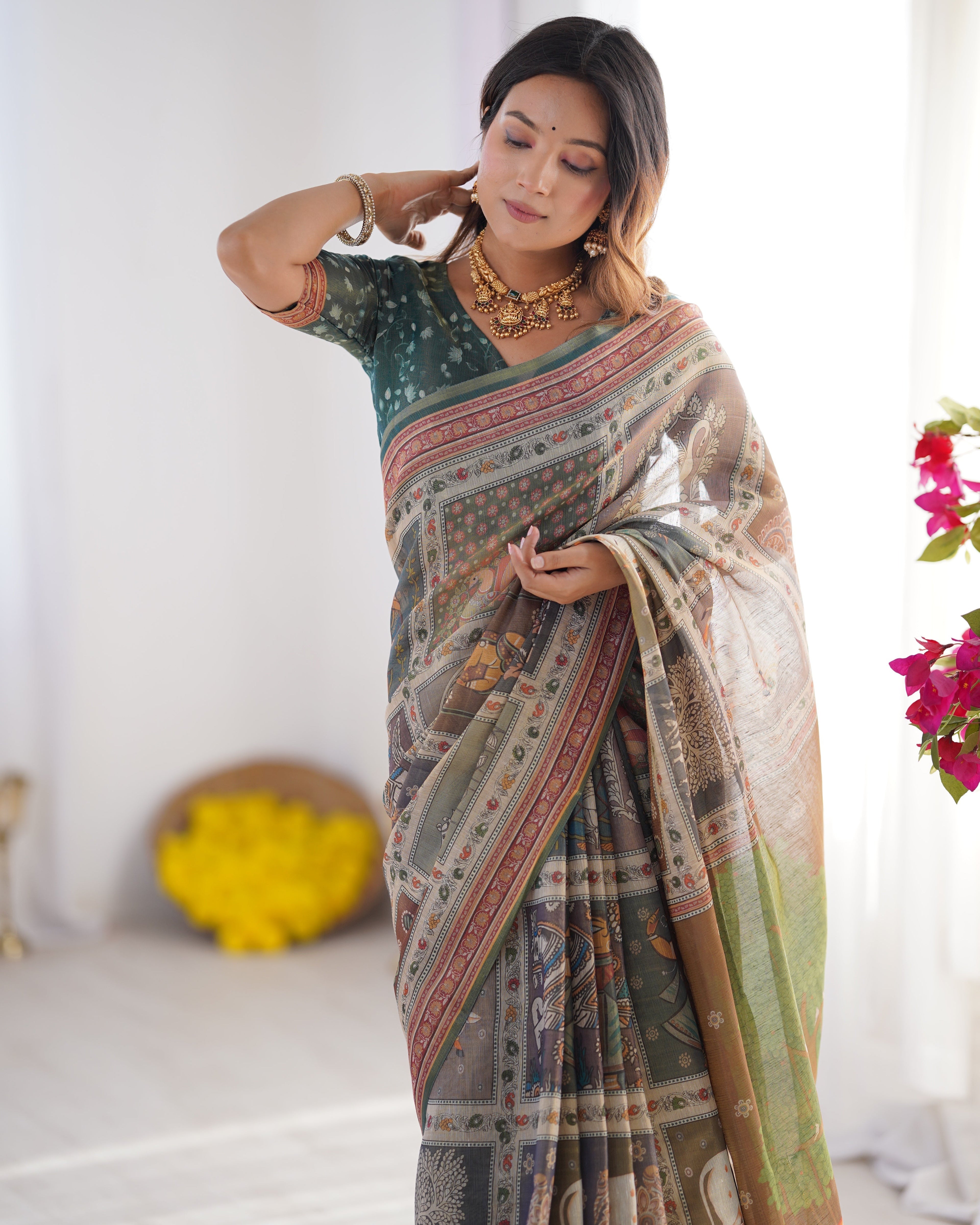 Teal Green & Brown Pure Linen Cotton Handloom Saree with Royal Cow & Tree Motif Pallu