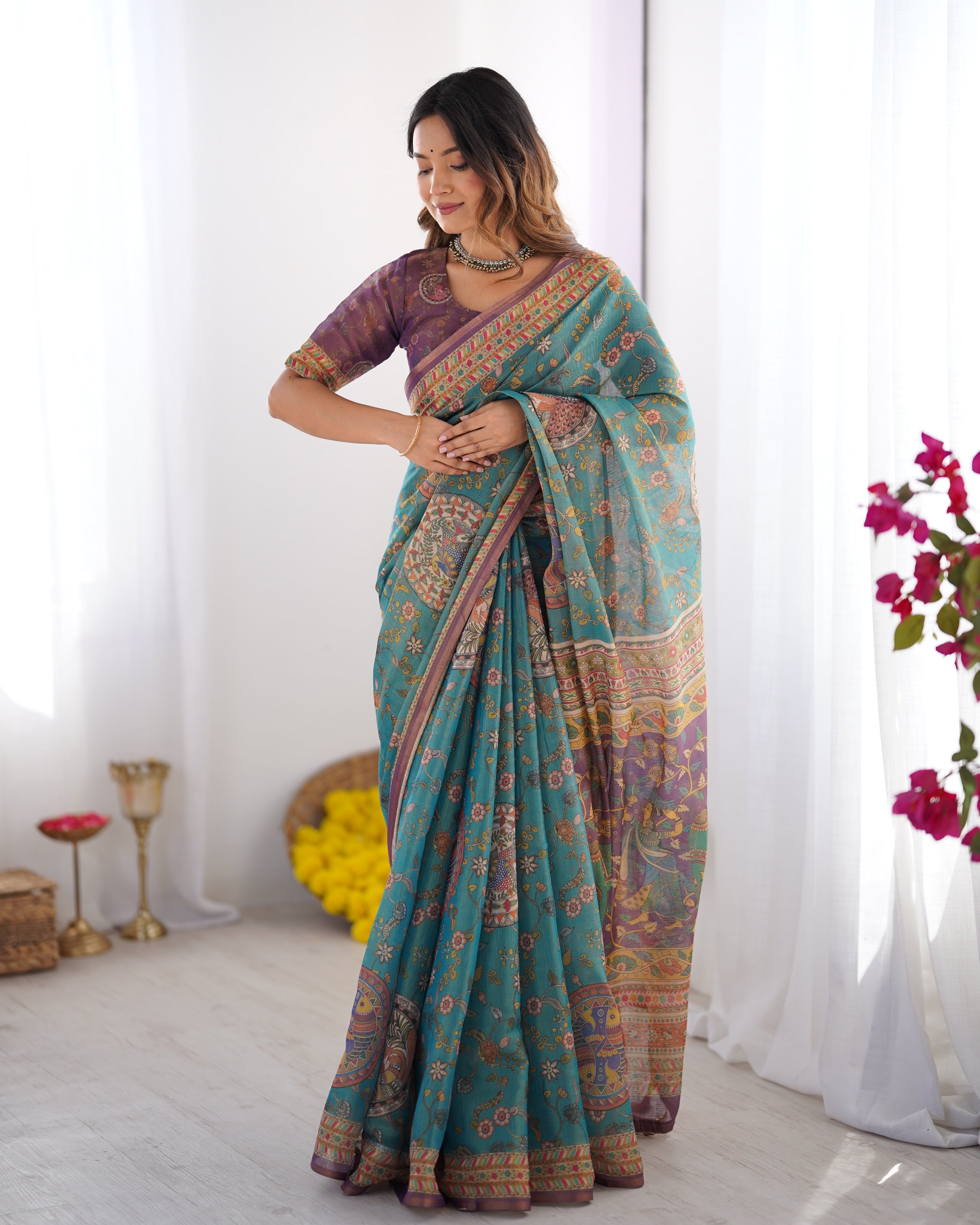 Sea Green & Purple Linen Cotton Saree with Hand-Painted Krishna Raas Leela Pallu