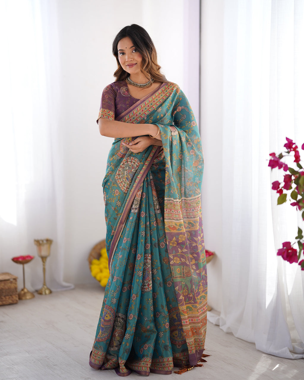 Sea Green & Purple Linen Cotton Saree with Hand-Painted Krishna Raas Leela Pallu