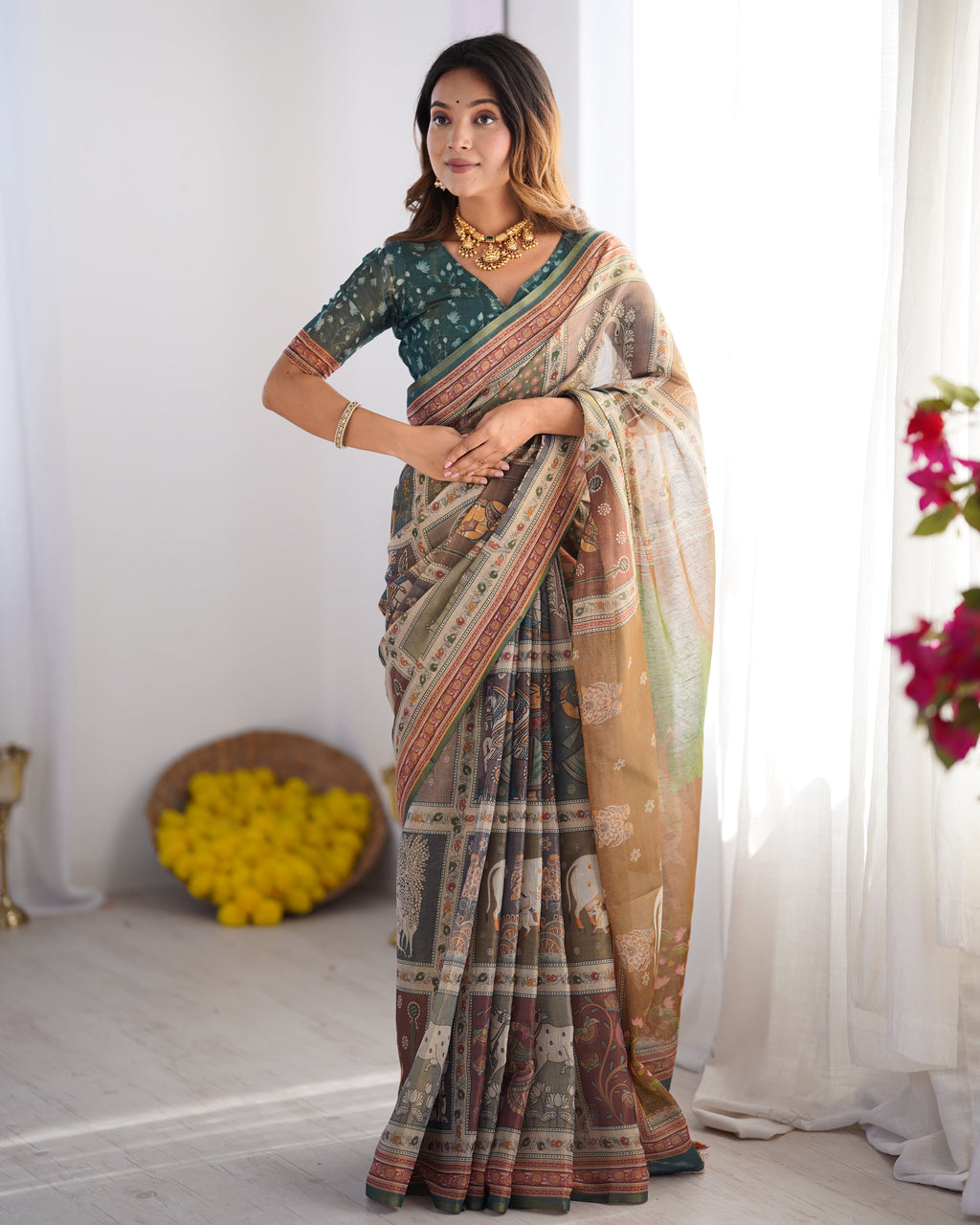 Teal Green & Brown Pure Linen Cotton Handloom Saree with Royal Cow & Tree Motif Pallu