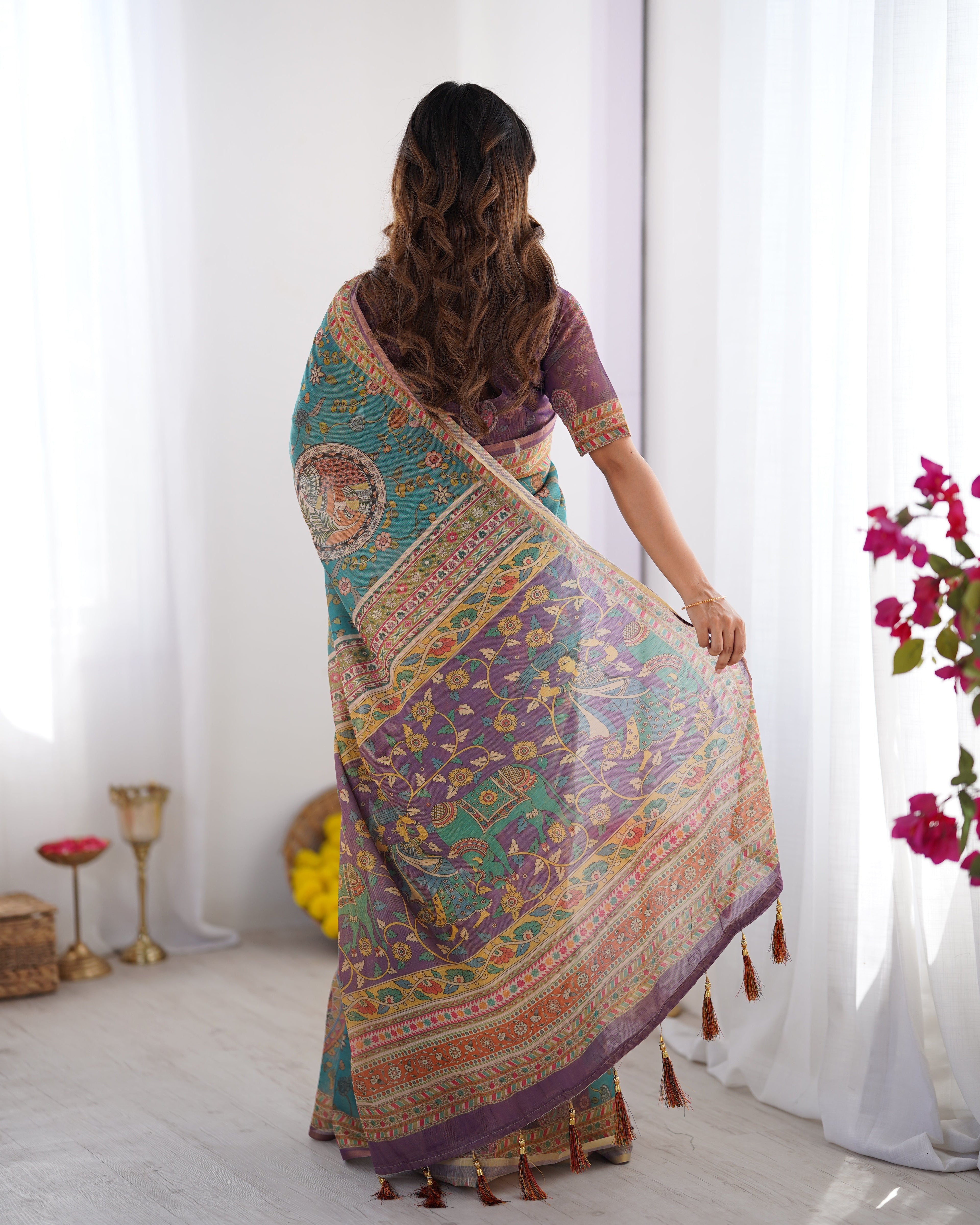 Sea Green & Purple Linen Cotton Saree with Hand-Painted Krishna Raas Leela Pallu