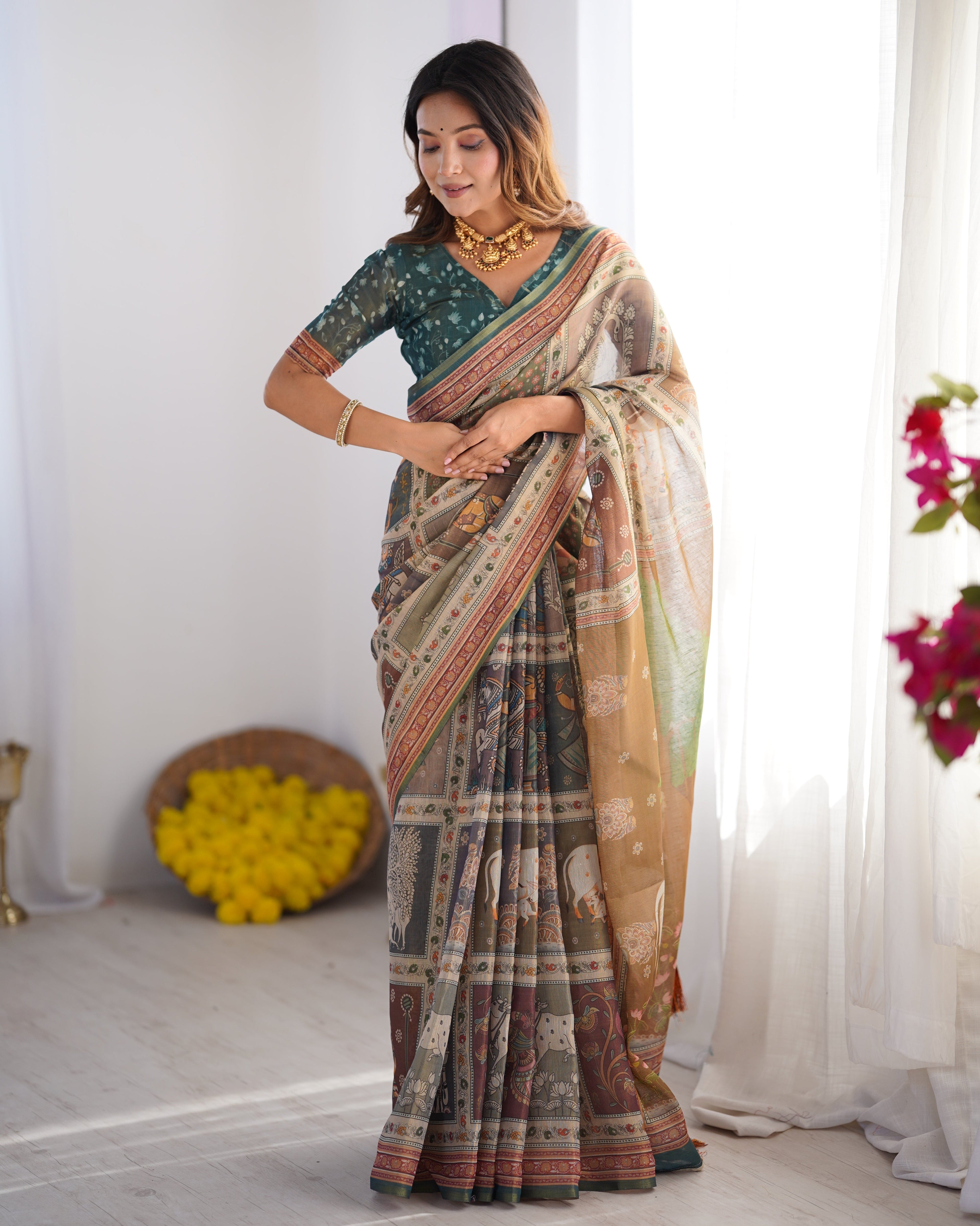 Teal Green & Brown Pure Linen Cotton Handloom Saree with Royal Cow & Tree Motif Pallu