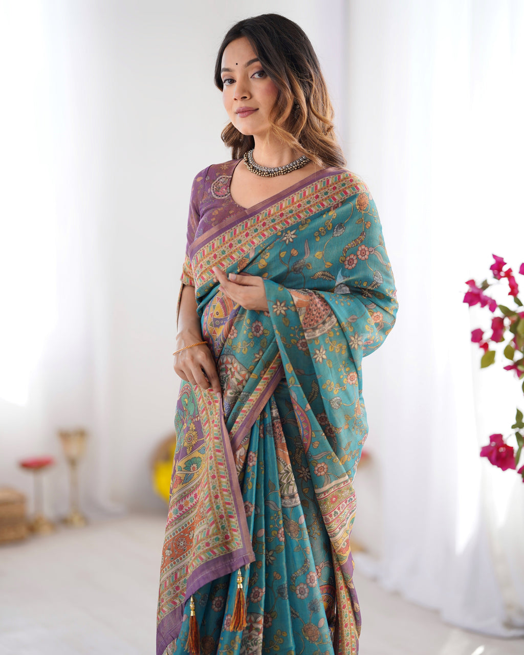Sea Green & Purple Linen Cotton Saree with Hand-Painted Krishna Raas Leela Pallu