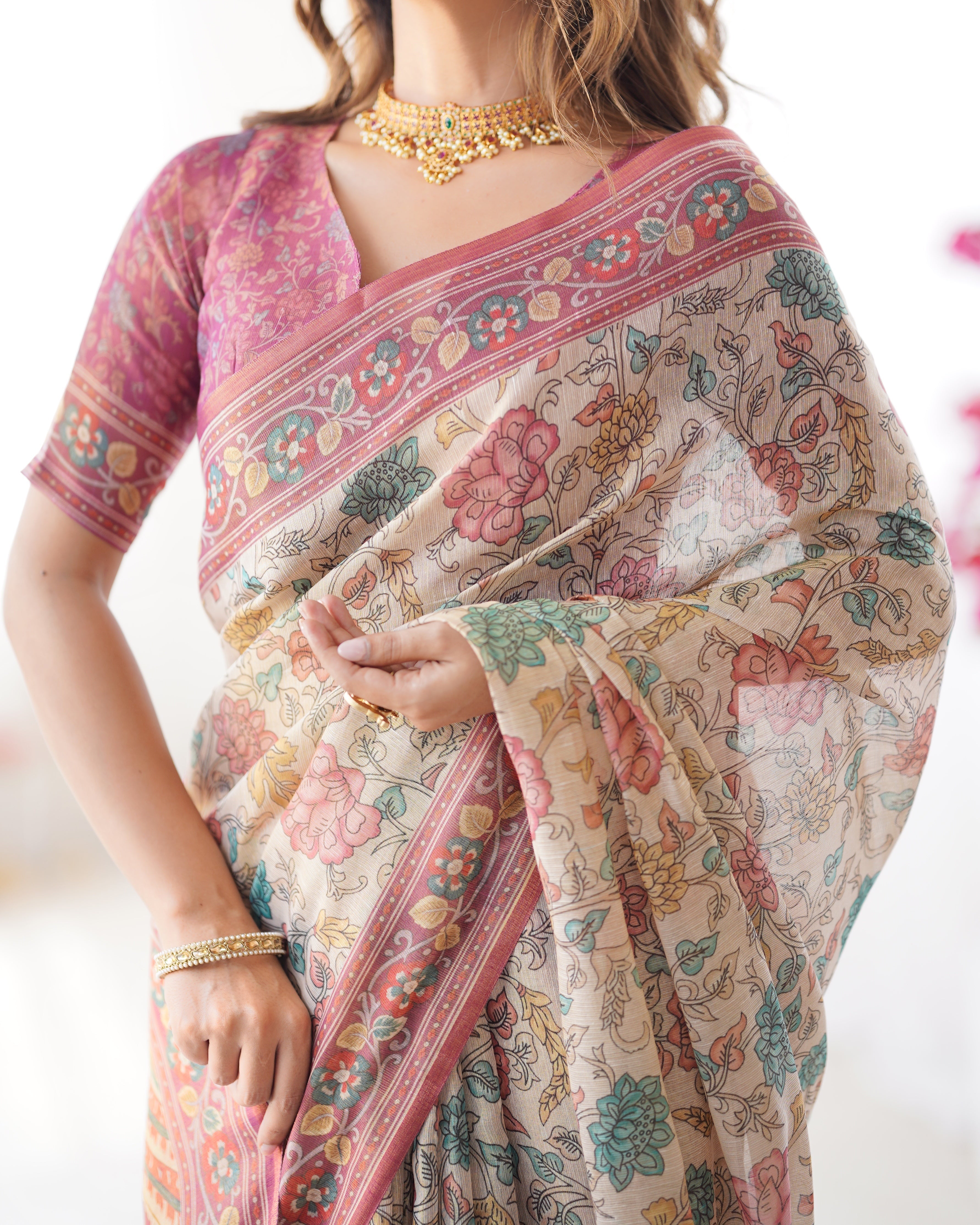 Cream & Pink Handloom Cotton Saree with Pastel Floral Print and Ornamental Tree Pallu