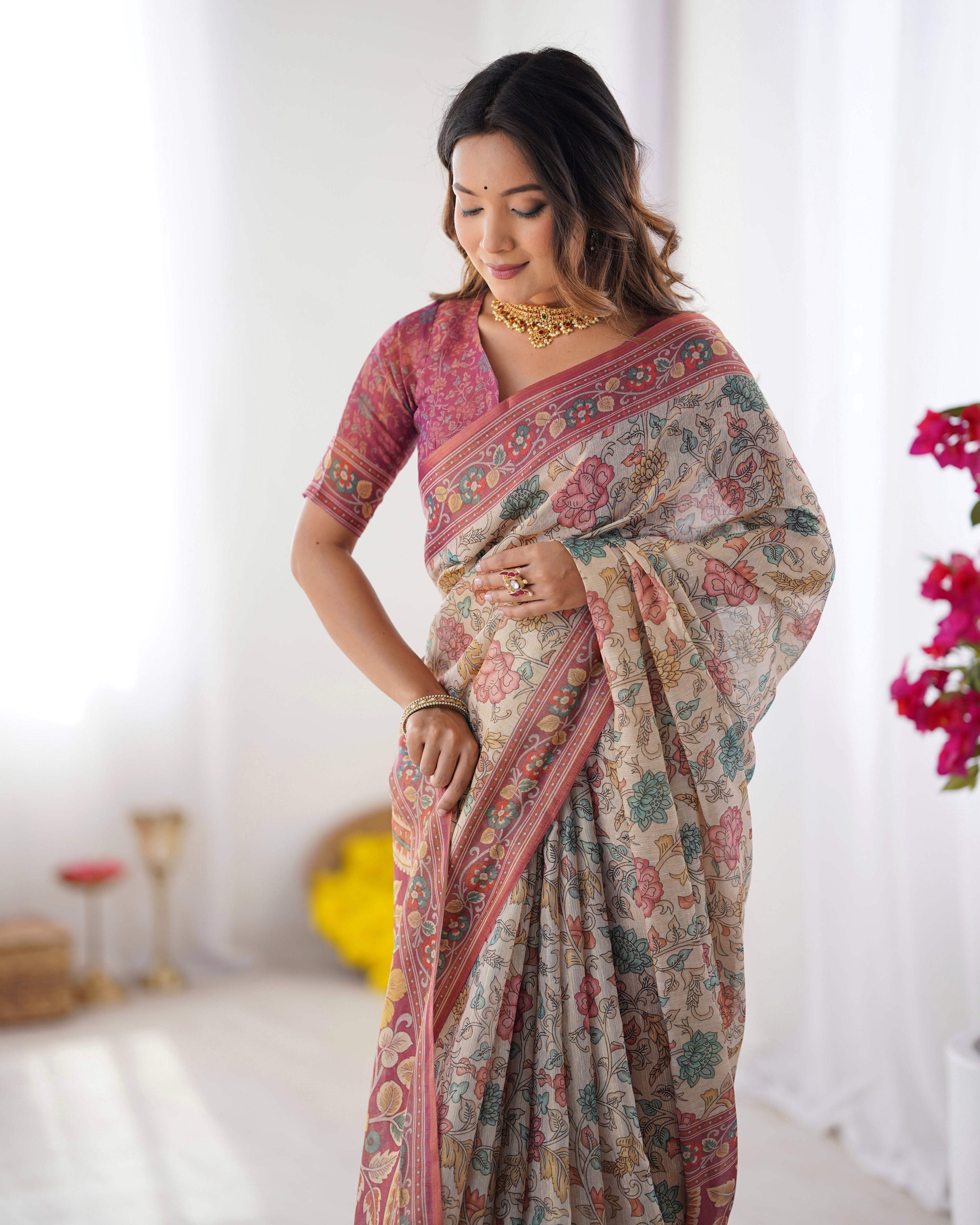 Cream & Pink Handloom Cotton Saree with Pastel Floral Print and Ornamental Tree Pallu
