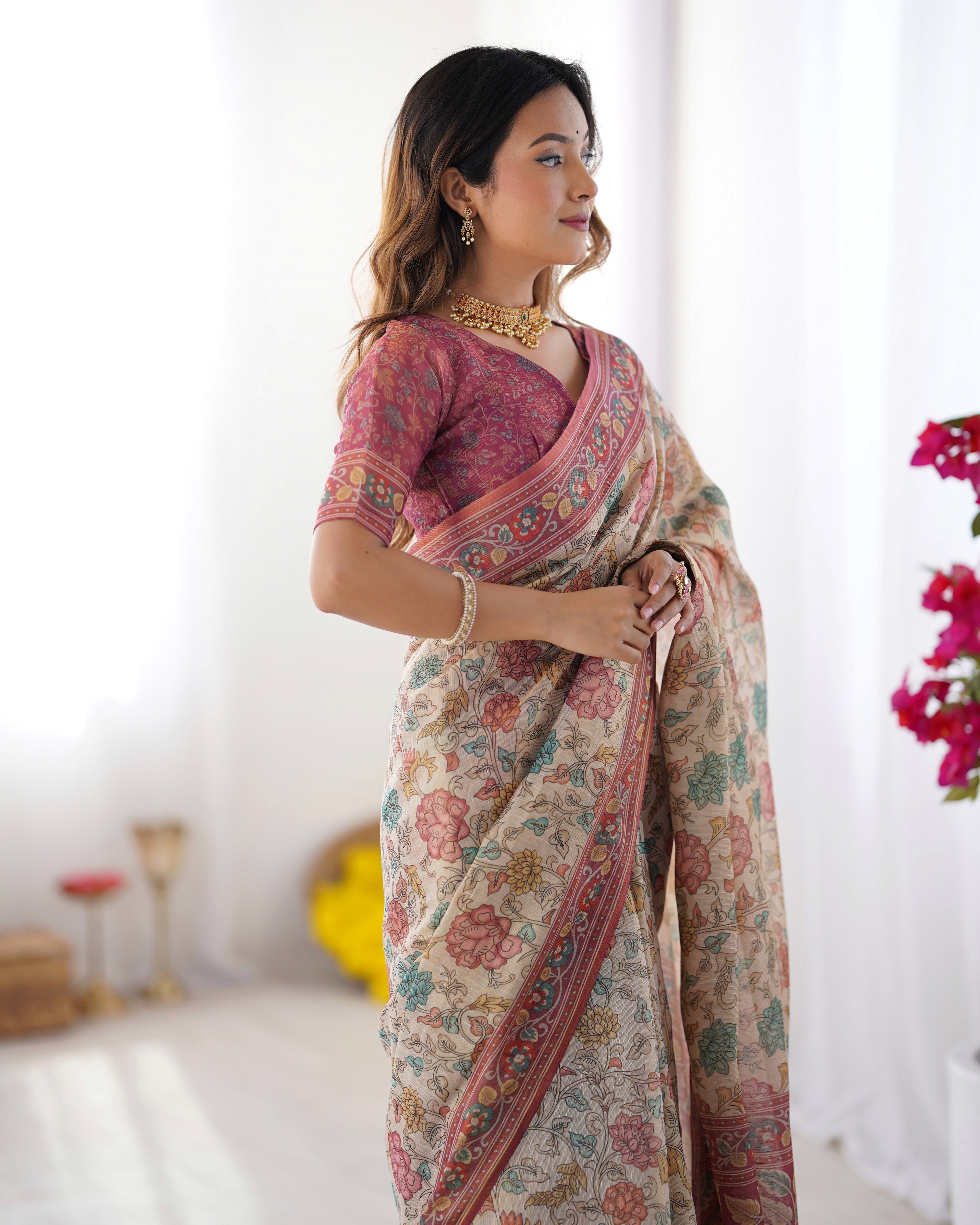 Cream & Pink Handloom Cotton Saree with Pastel Floral Print and Ornamental Tree Pallu