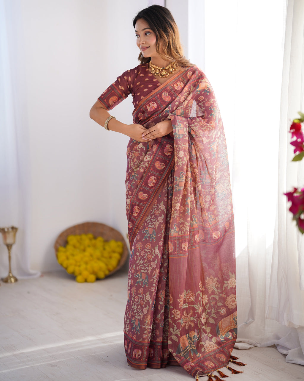Maroon Pure Linen Cotton Handloom Saree with Elephant Motifs and Floral Digital Print