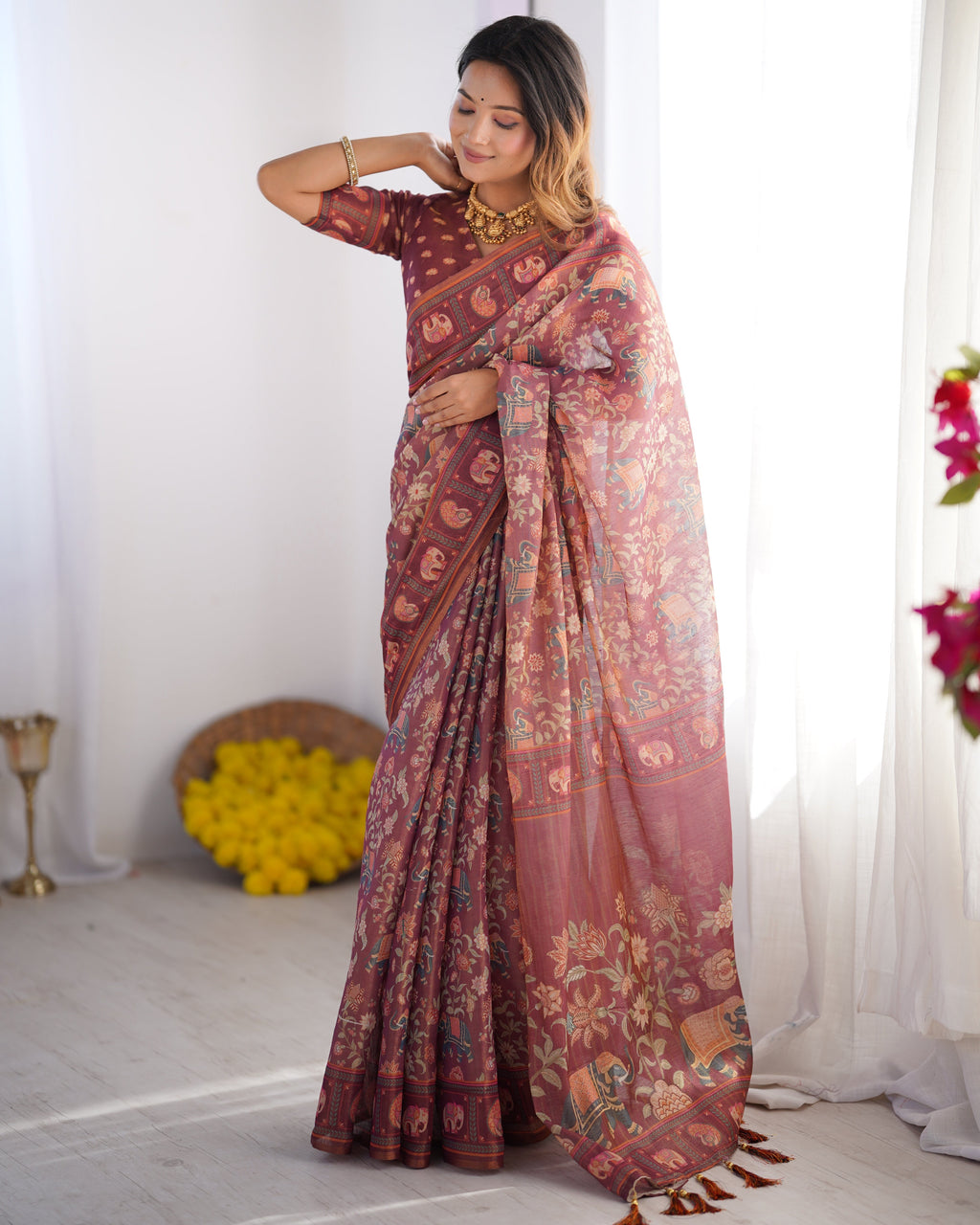 Maroon Pure Linen Cotton Handloom Saree with Elephant Motifs and Floral Digital Print