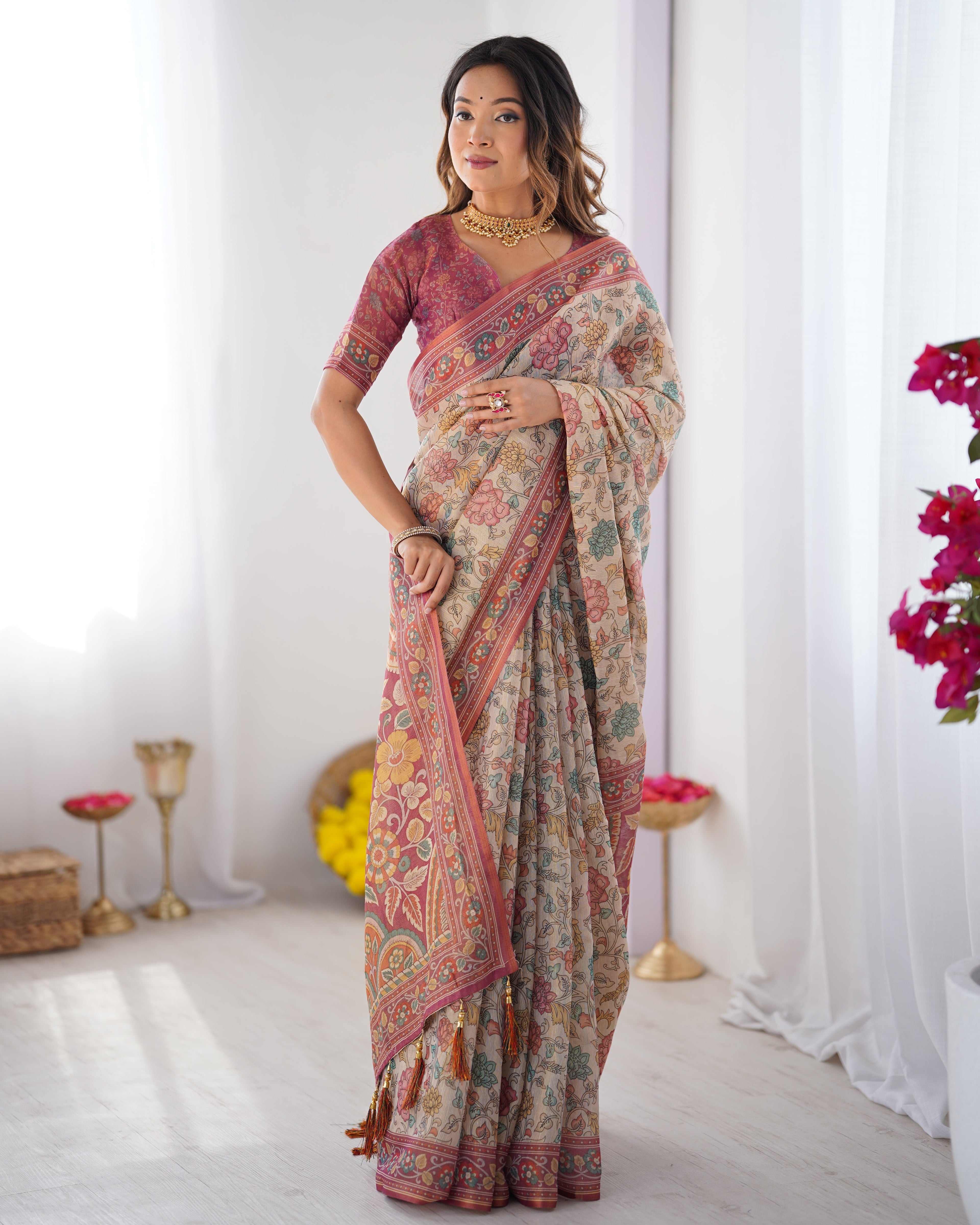 Cream & Pink Handloom Cotton Saree with Pastel Floral Print and Ornamental Tree Pallu