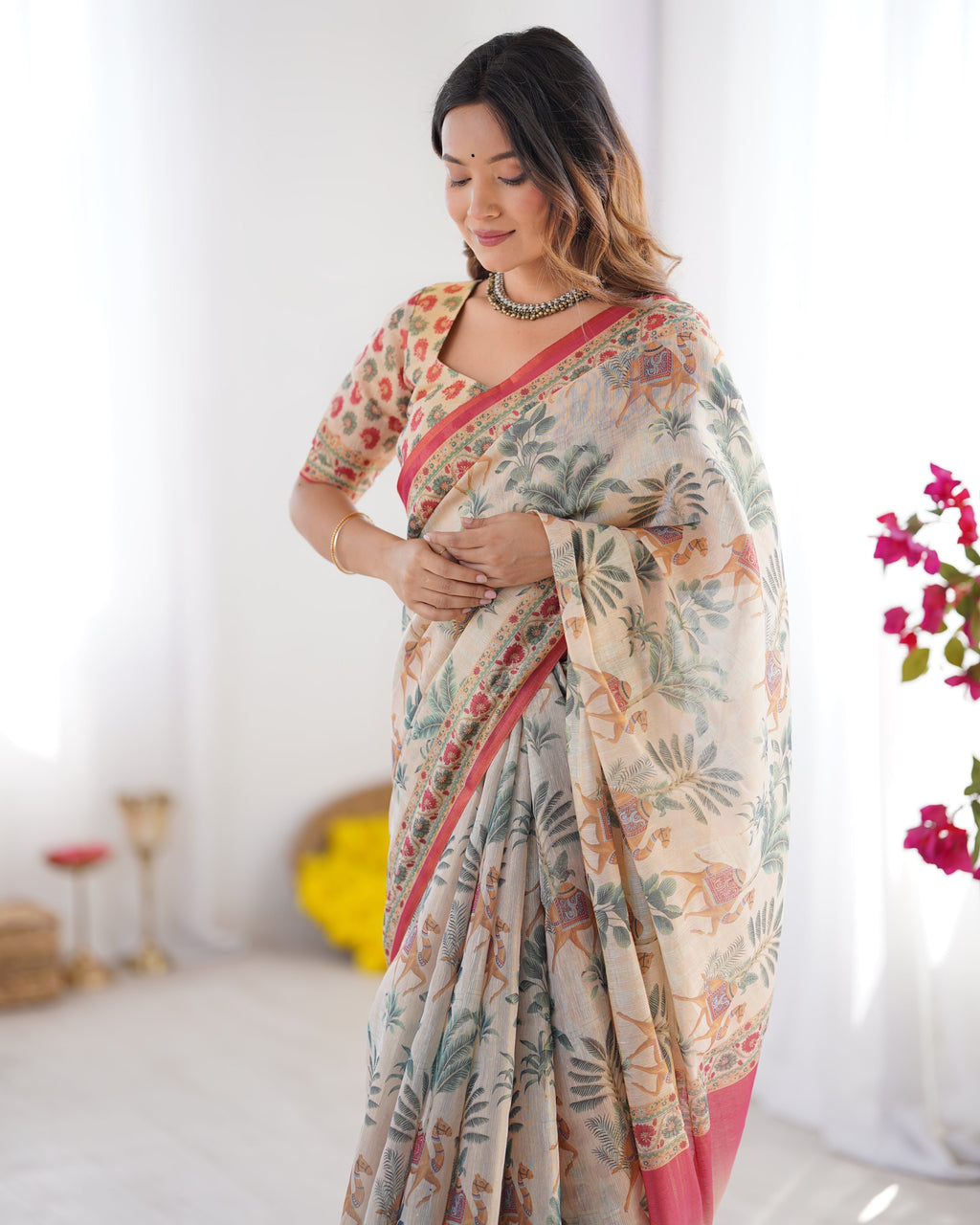 Beige & Red Handloom Linen Cotton Saree with Camel Caravan & Palace Artwork