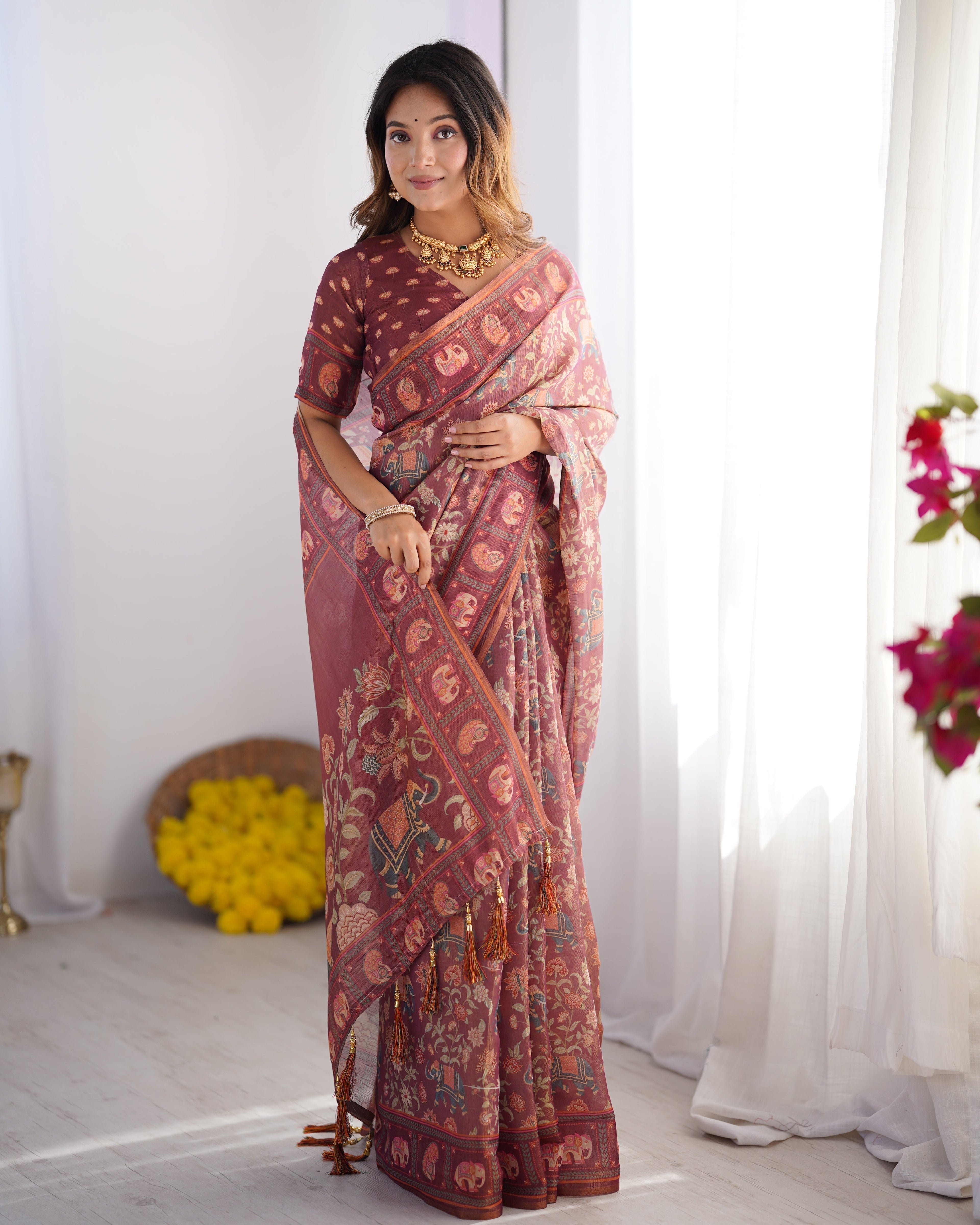 Maroon Pure Linen Cotton Handloom Saree with Elephant Motifs and Floral Digital Print