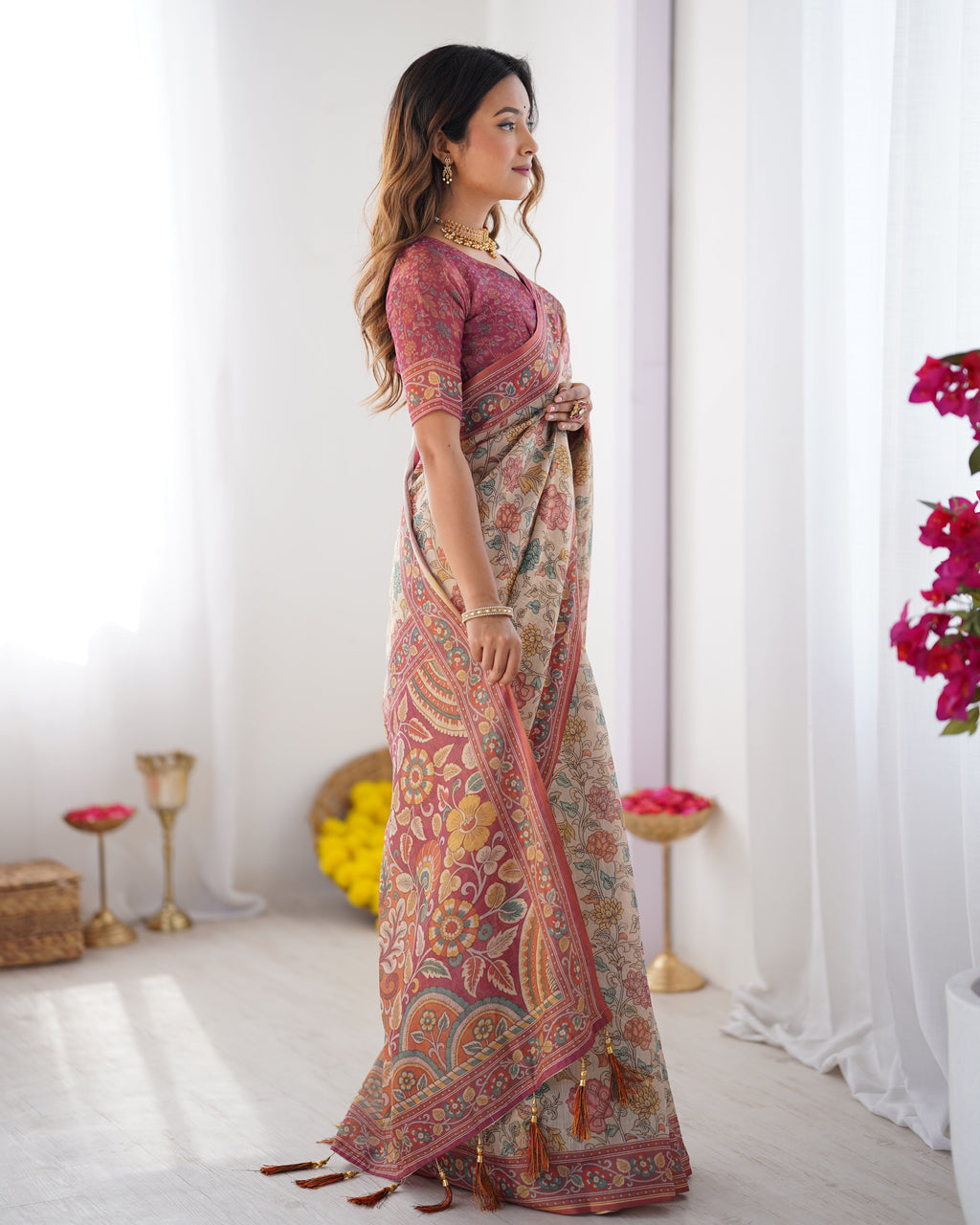 Cream & Pink Handloom Cotton Saree with Pastel Floral Print and Ornamental Tree Pallu