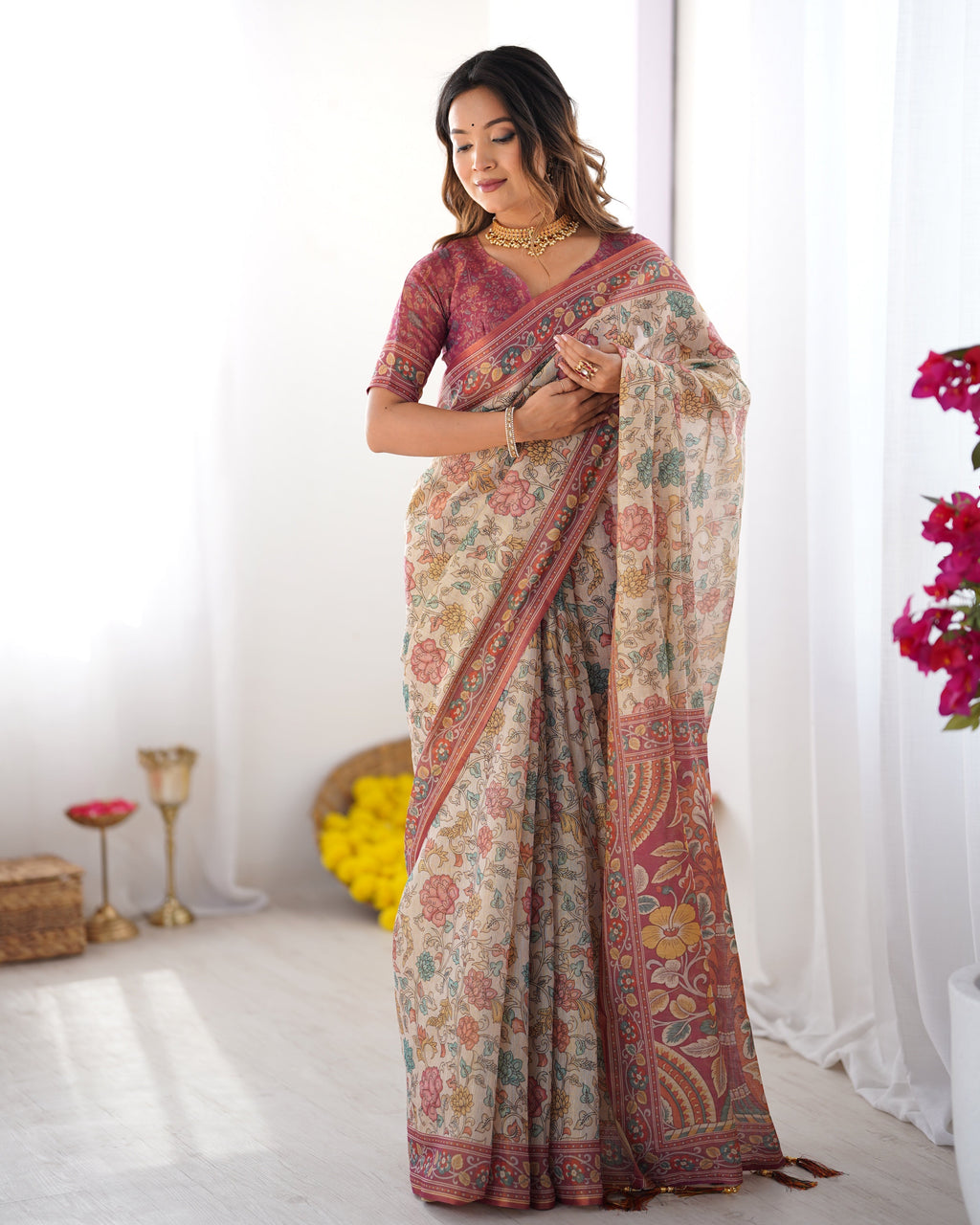 Cream & Pink Handloom Cotton Saree with Pastel Floral Print and Ornamental Tree Pallu