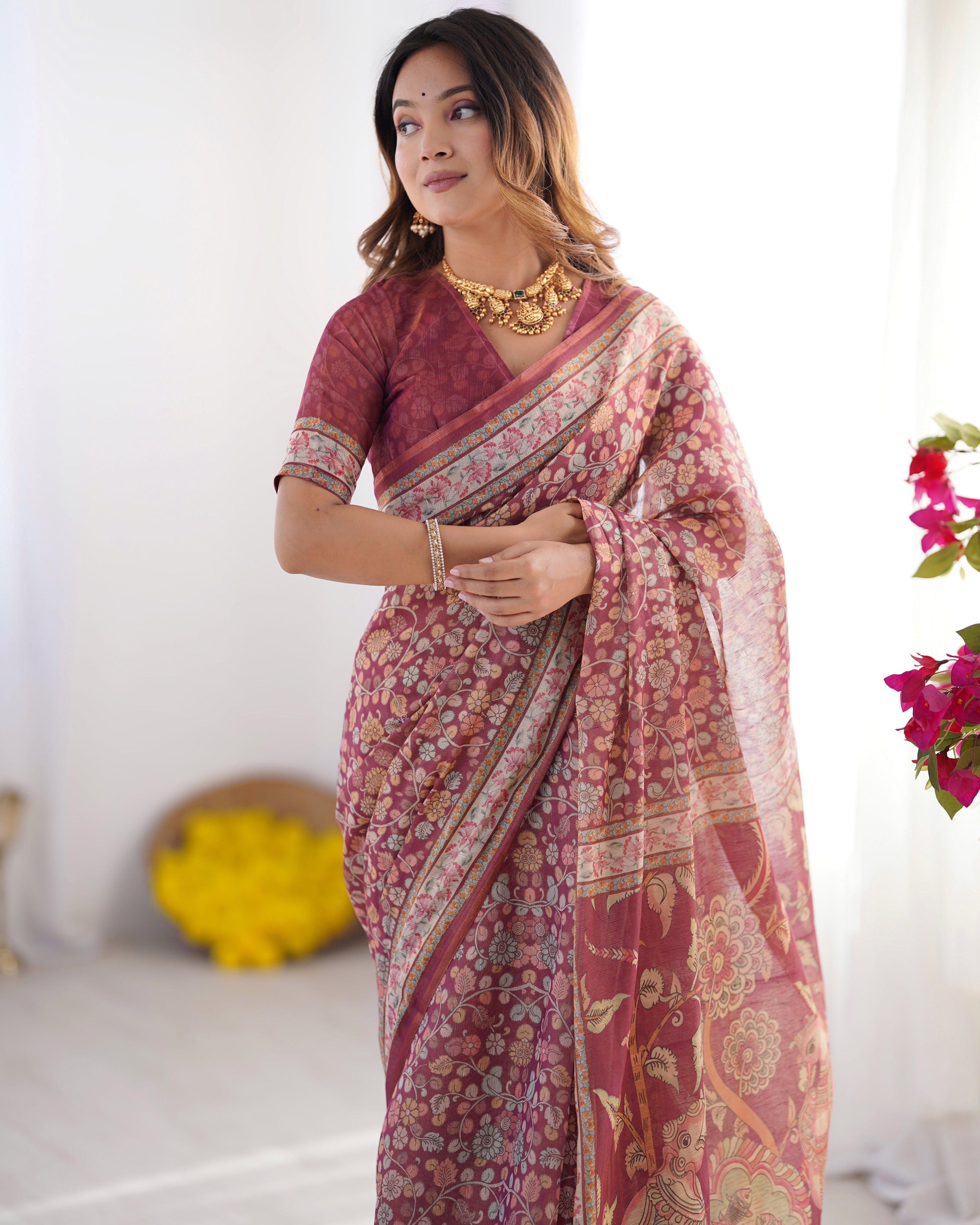 Maroon Pure Linen Cotton Handloom Saree with Elephant & Floral Folk Art