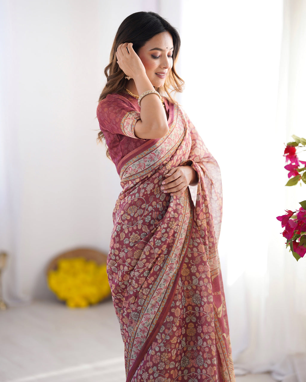 Maroon Pure Linen Cotton Handloom Saree with Elephant & Floral Folk Art