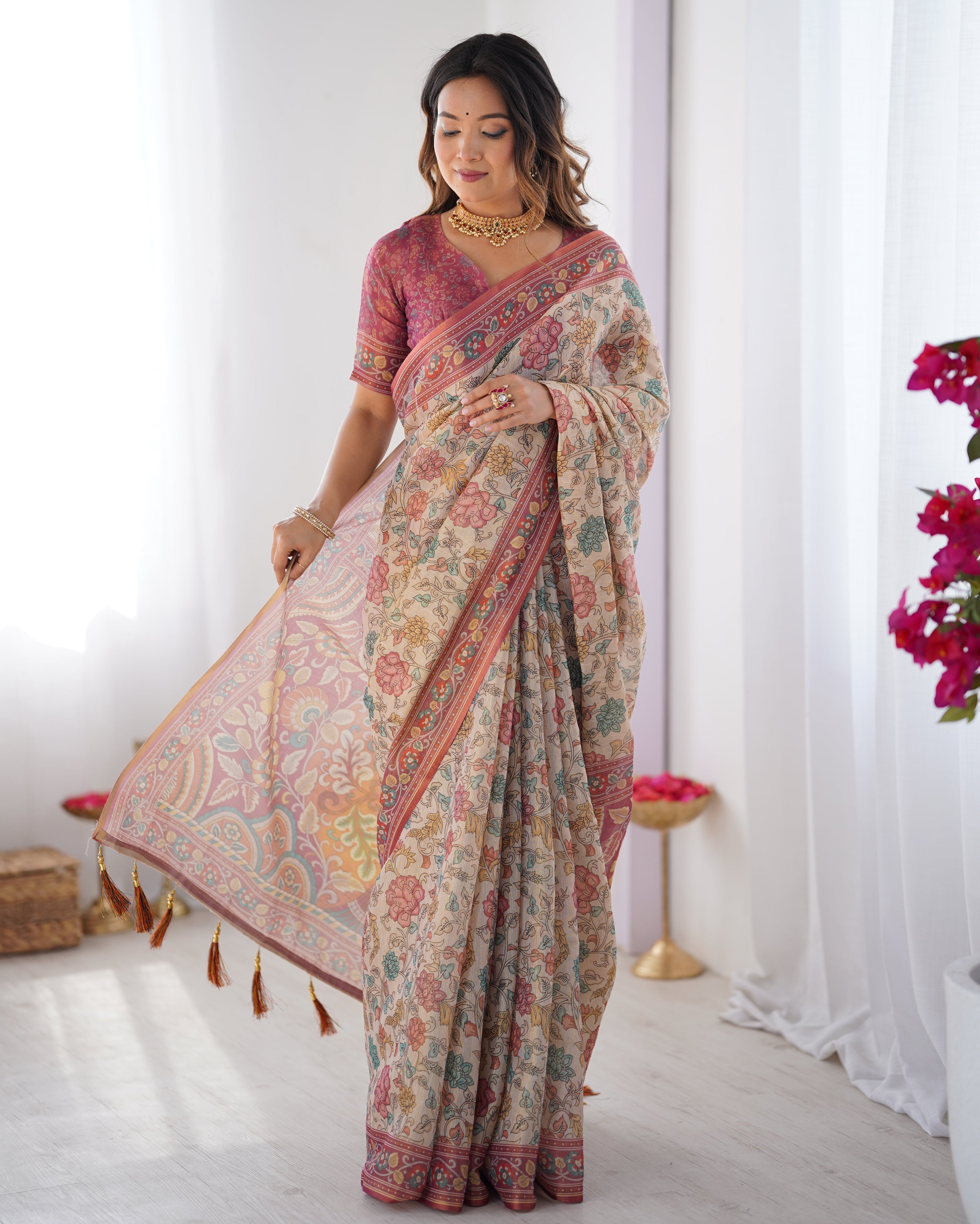 Cream & Pink Handloom Cotton Saree with Pastel Floral Print and Ornamental Tree Pallu