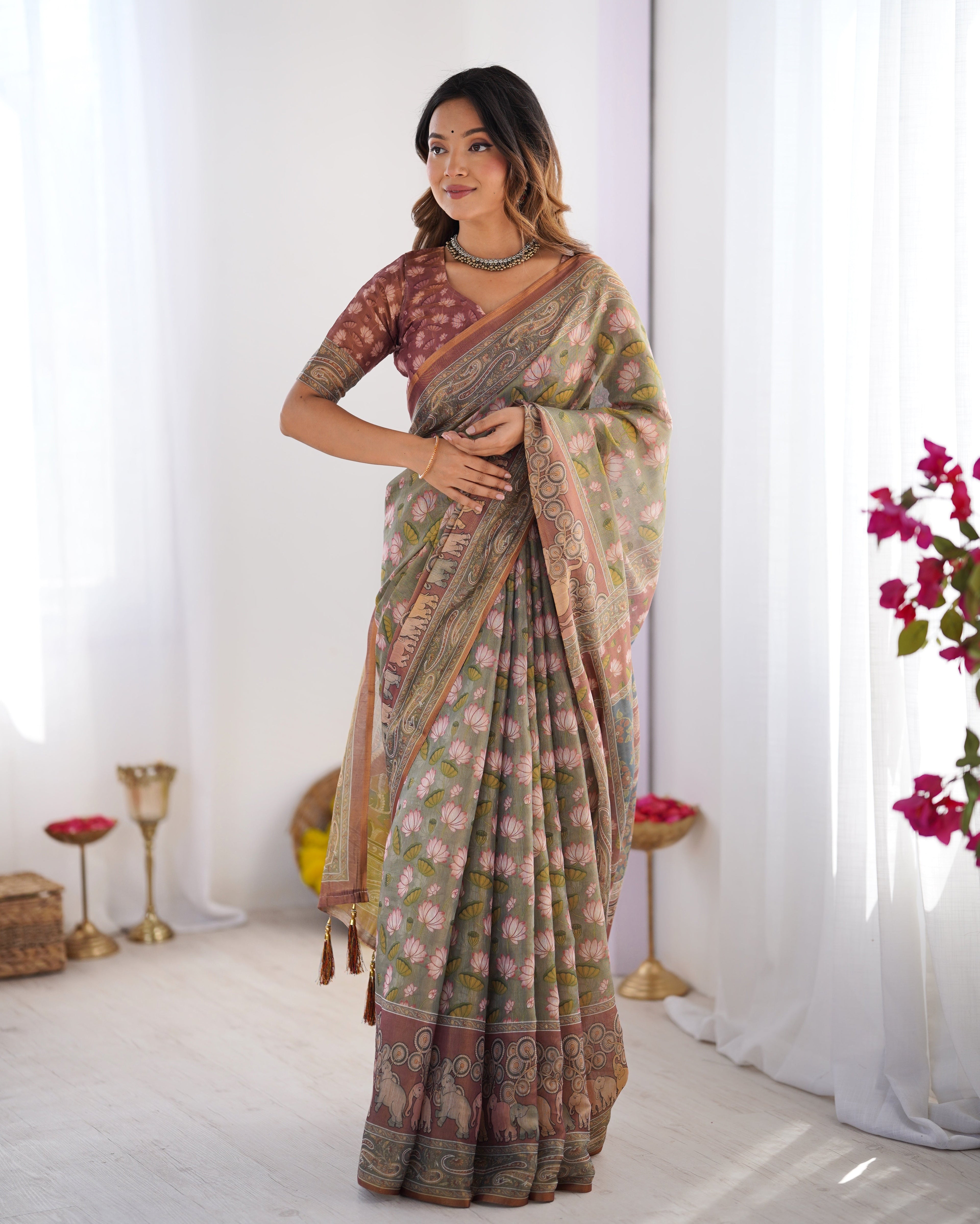 Olive Green Pure Linen Cotton Handloom Saree with Pink Lotus Motifs & Maroon Blouse