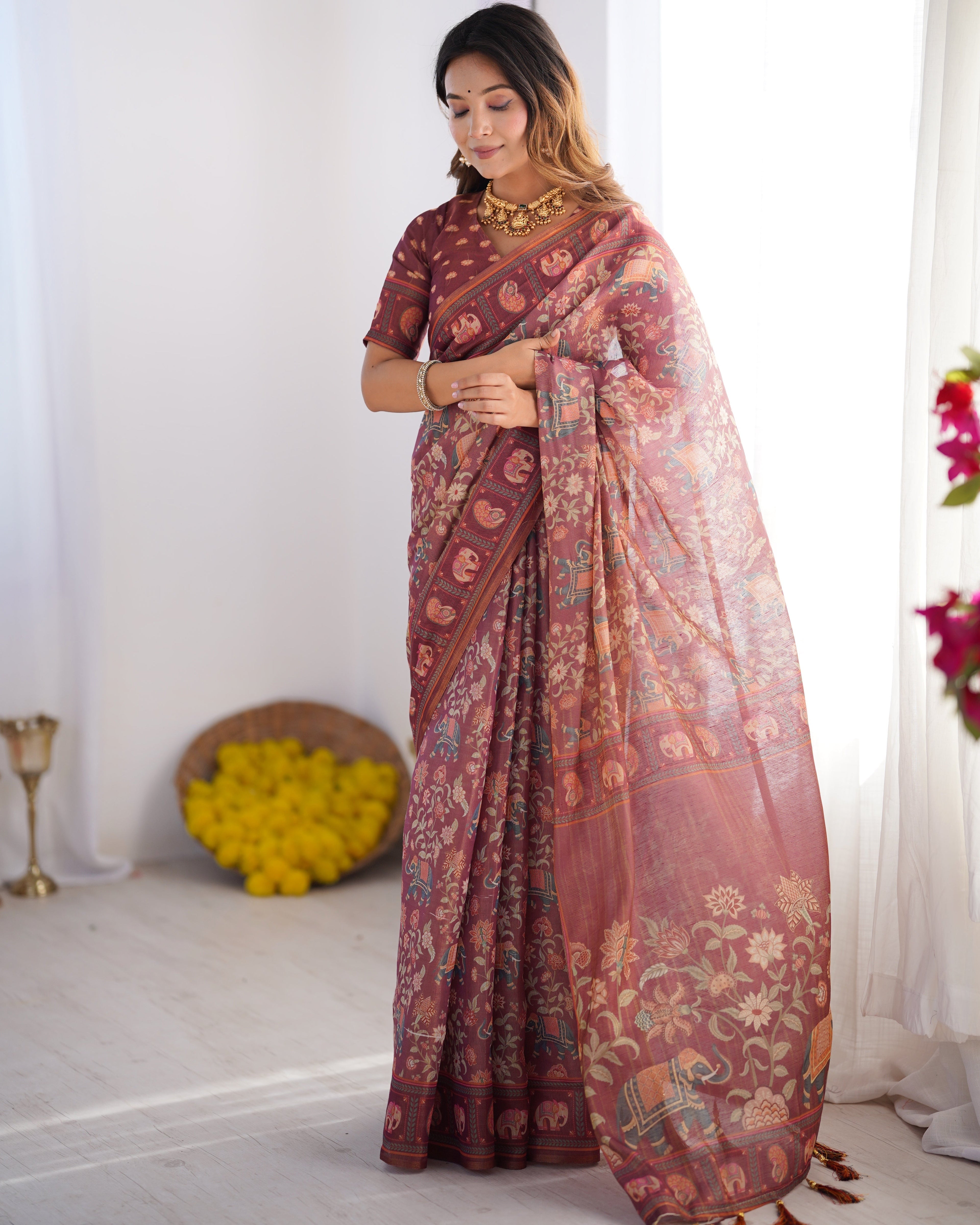 Maroon Pure Linen Cotton Handloom Saree with Elephant & Floral Folk Art