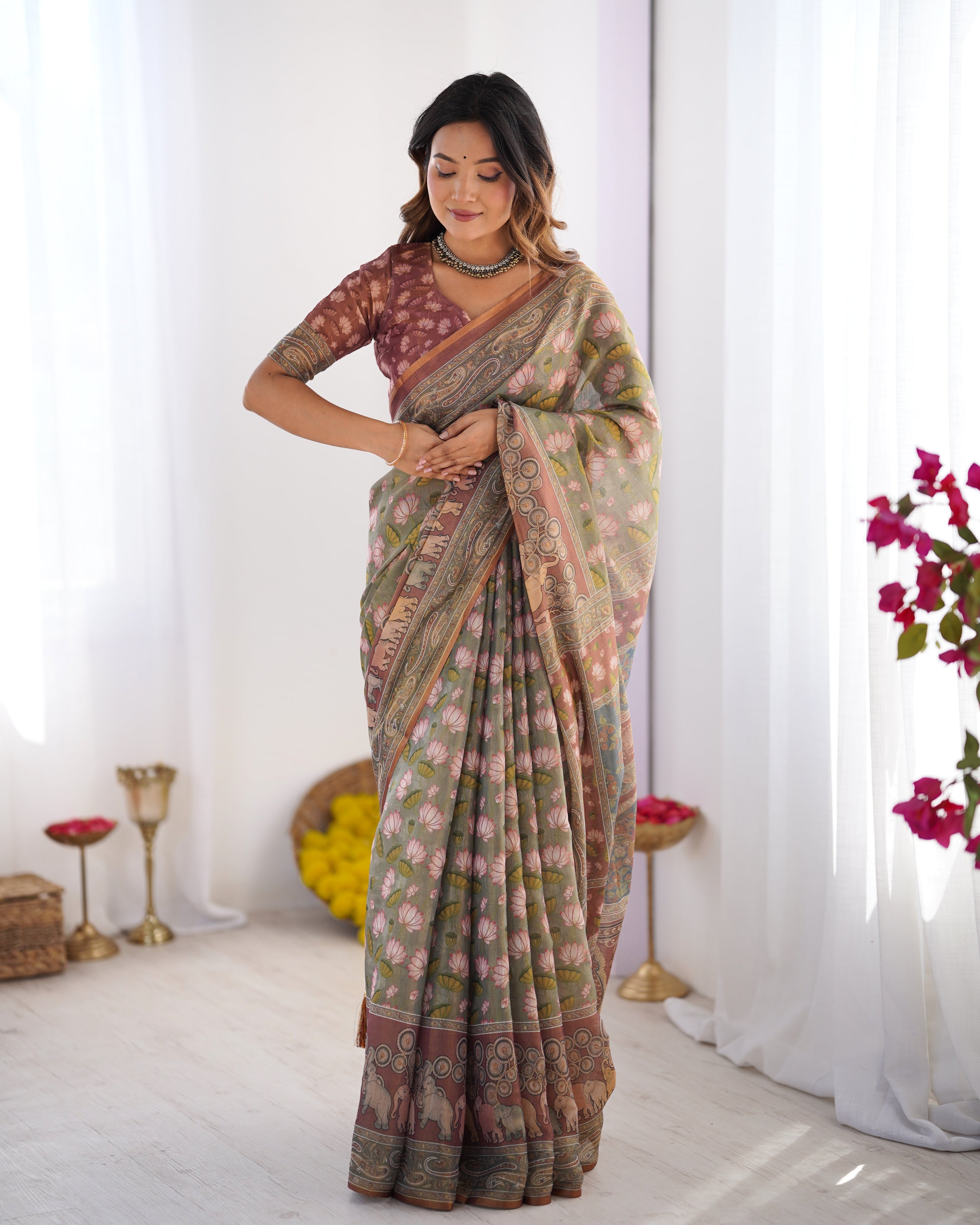 Olive Green Pure Linen Cotton Handloom Saree with Pink Lotus Motifs & Maroon Blouse