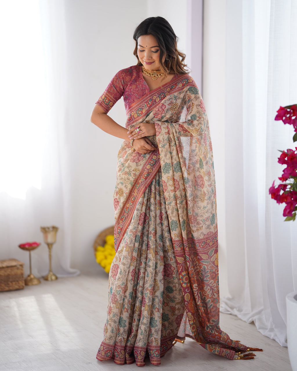 Cream & Pink Handloom Cotton Saree with Pastel Floral Print and Ornamental Tree Pallu