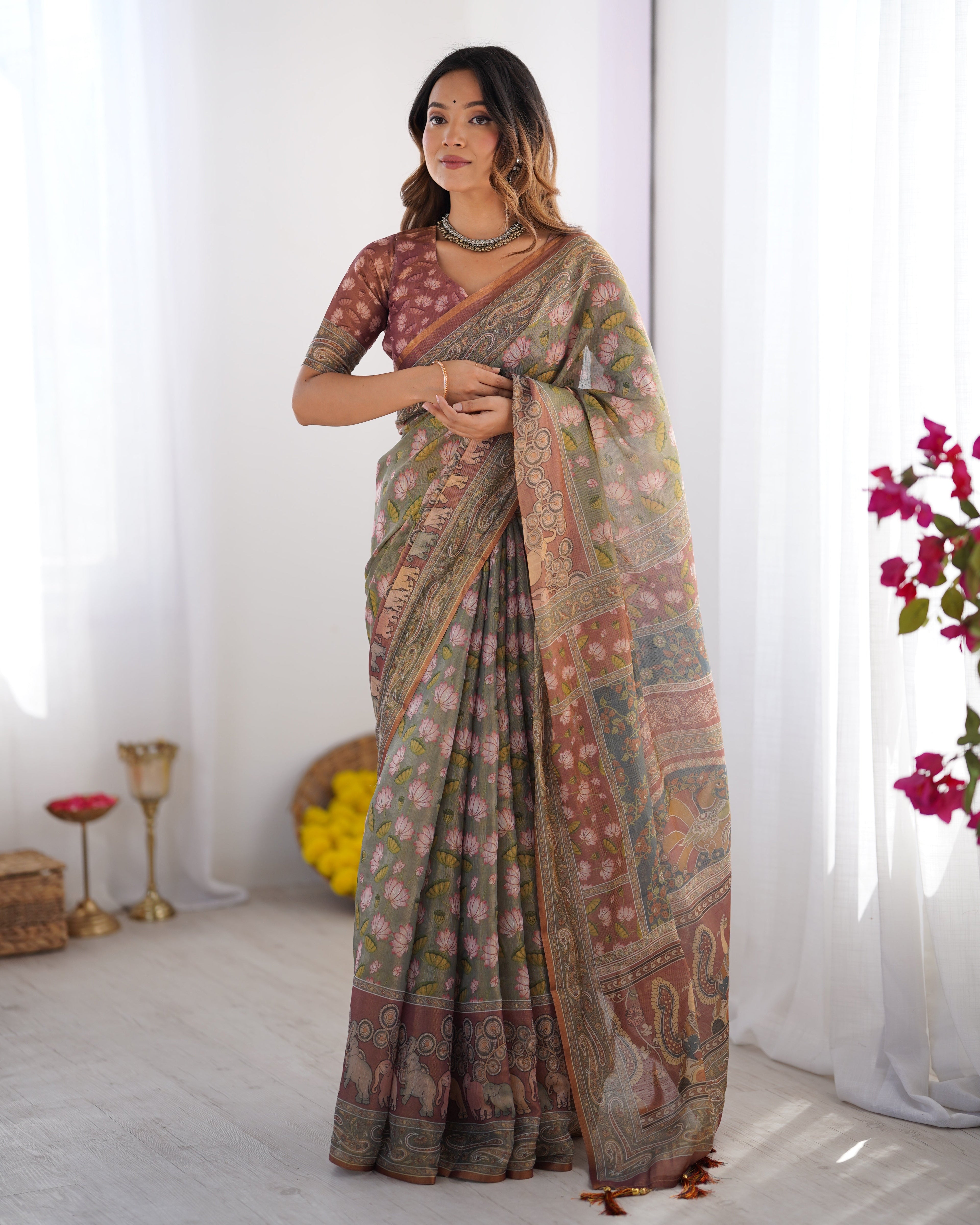 Olive Green Pure Linen Cotton Handloom Saree with Pink Lotus Motifs & Maroon Blouse