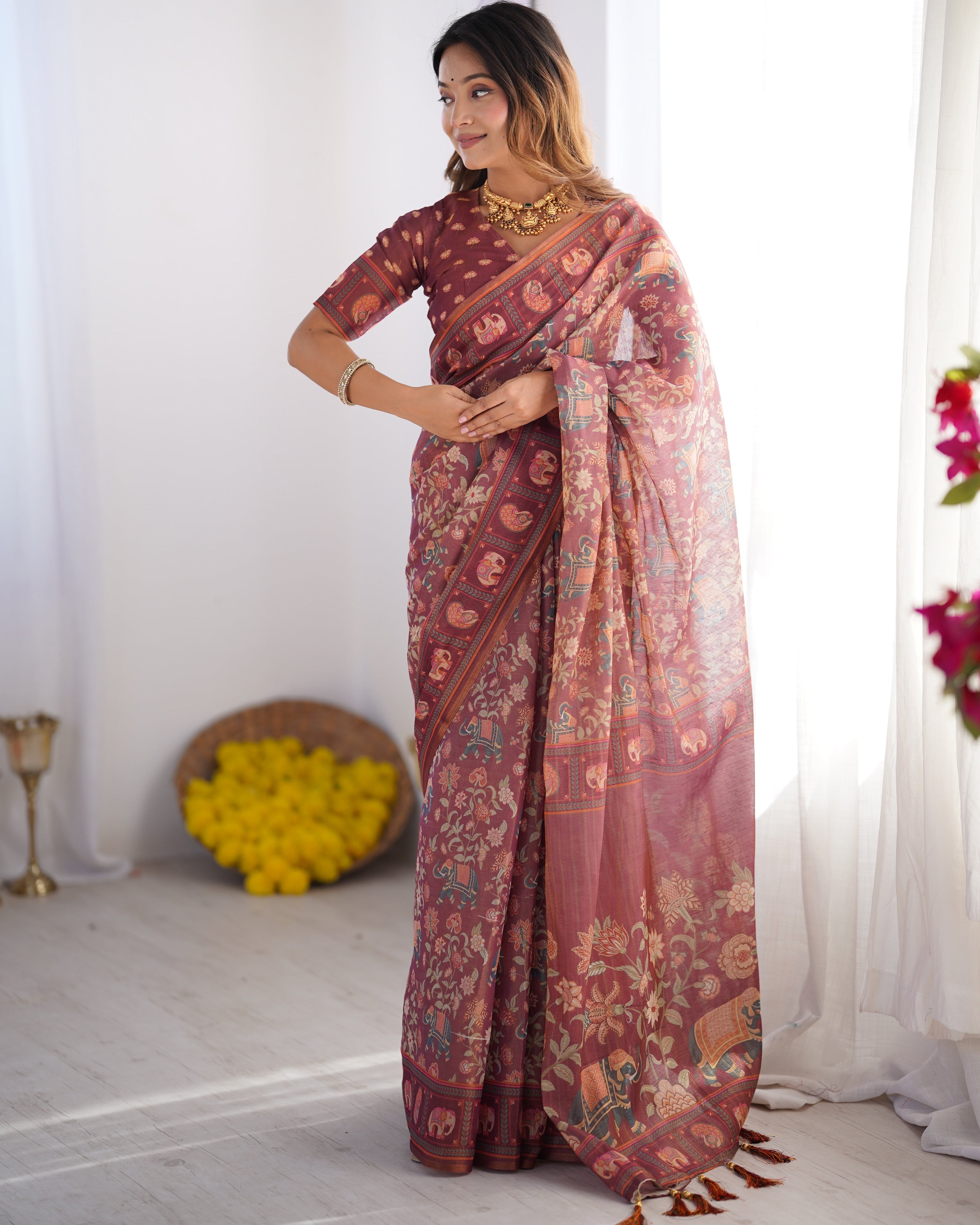 Maroon Pure Linen Cotton Handloom Saree with Elephant & Floral Folk Art