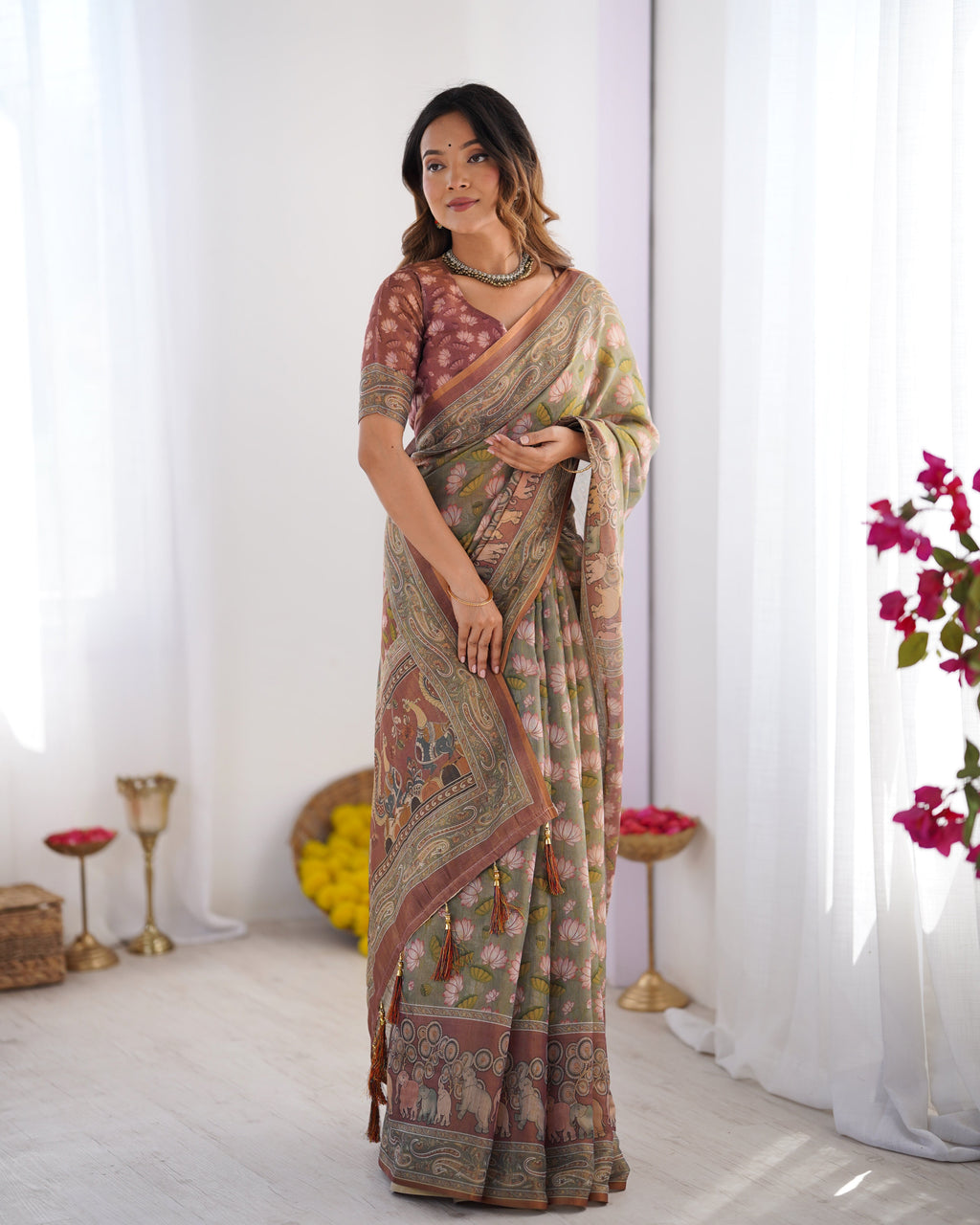 Olive Green Pure Linen Cotton Handloom Saree with Pink Lotus Motifs & Maroon Blouse
