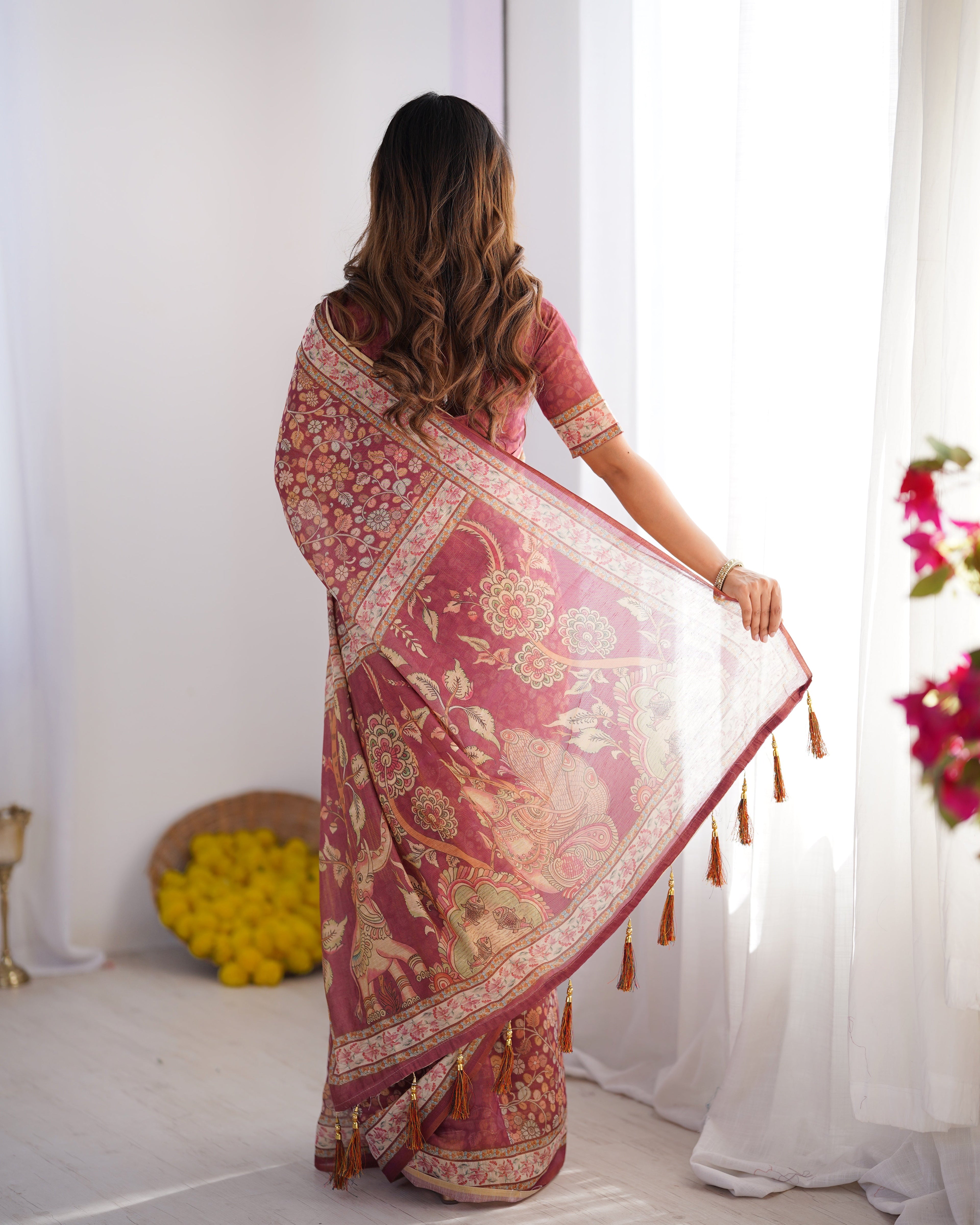 Maroon Pure Linen Cotton Handloom Saree with Elephant & Floral Folk Art