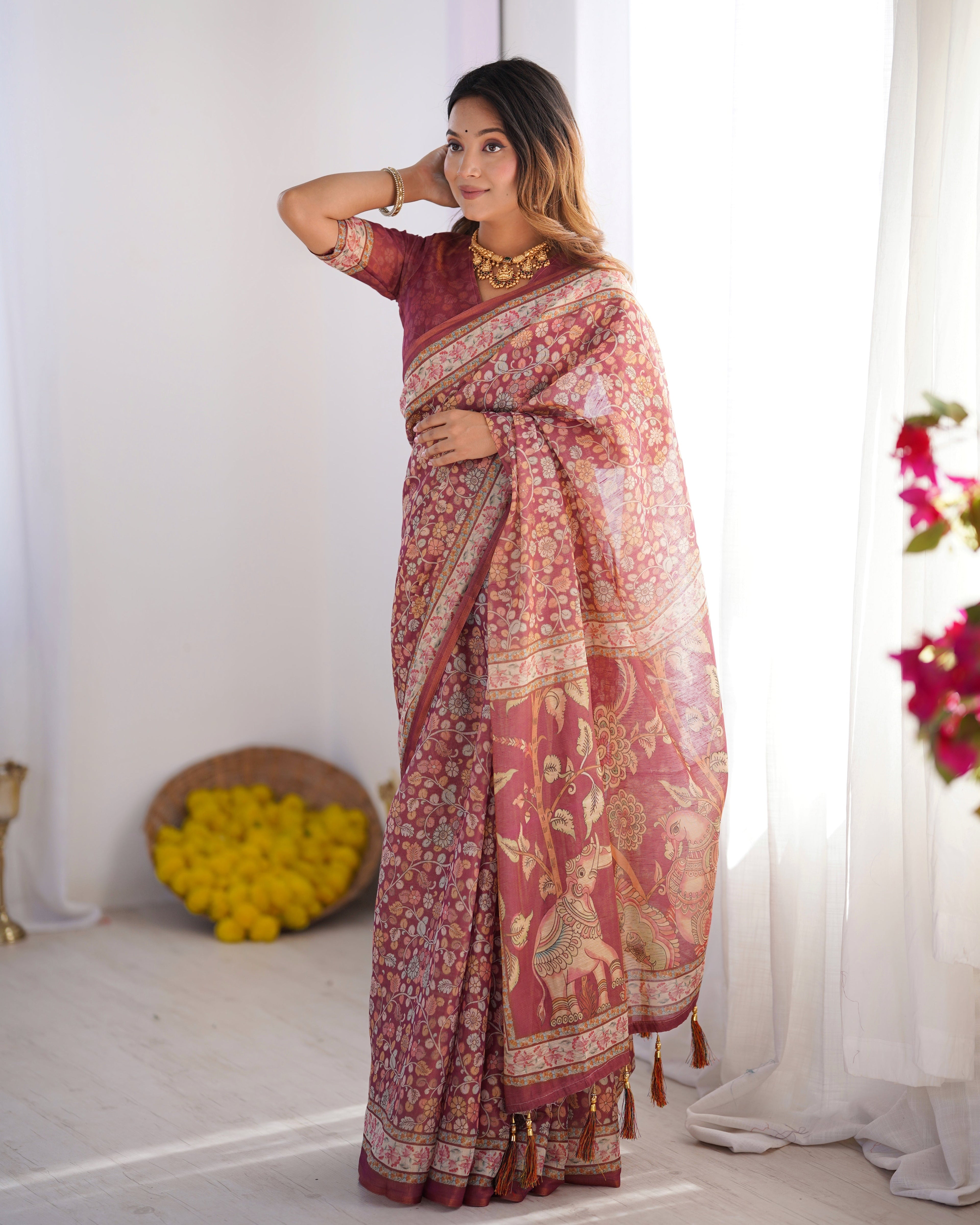 Maroon Pure Linen Cotton Handloom Saree with Elephant & Floral Folk Art