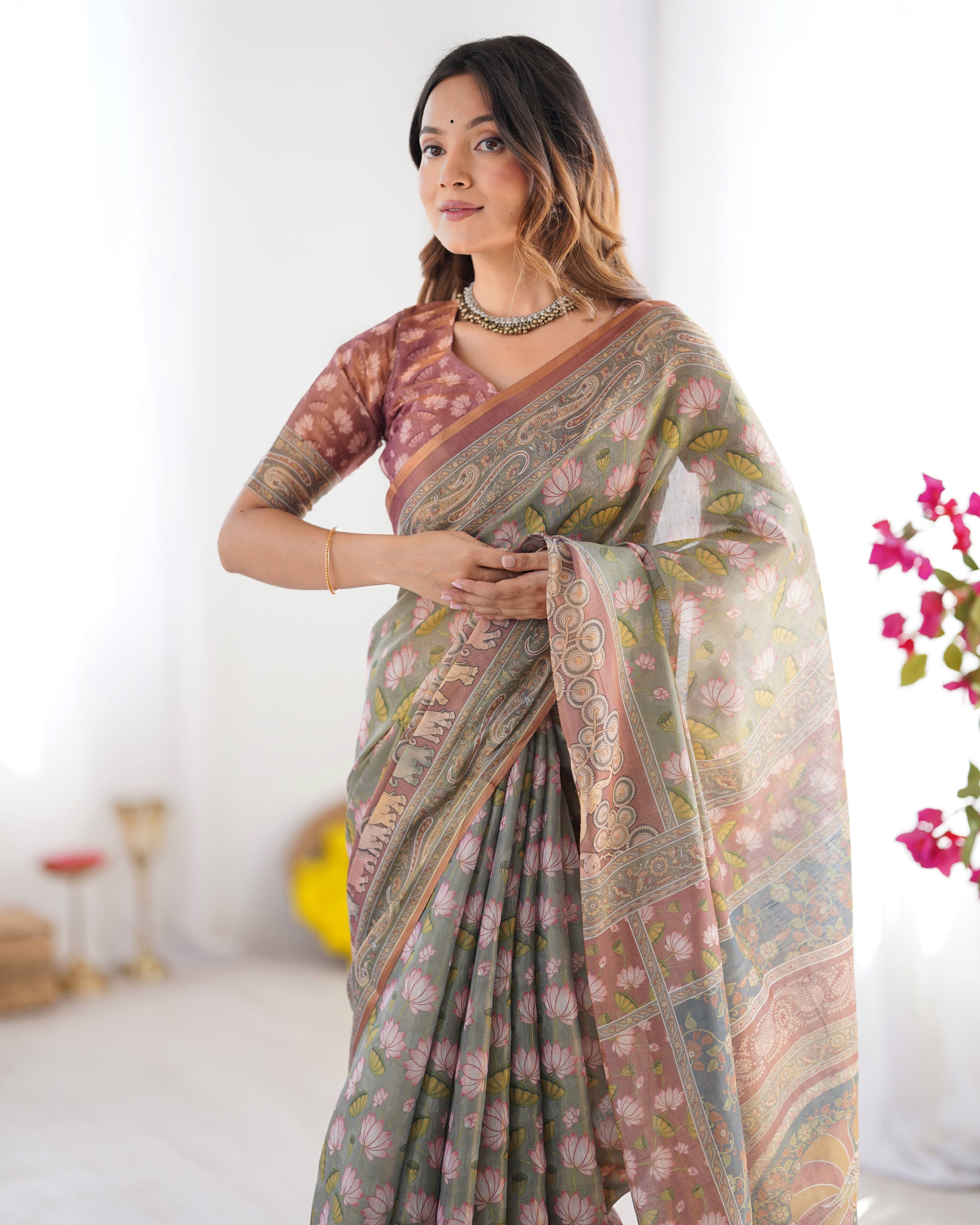 Olive Green Pure Linen Cotton Handloom Saree with Pink Lotus Motifs & Maroon Blouse