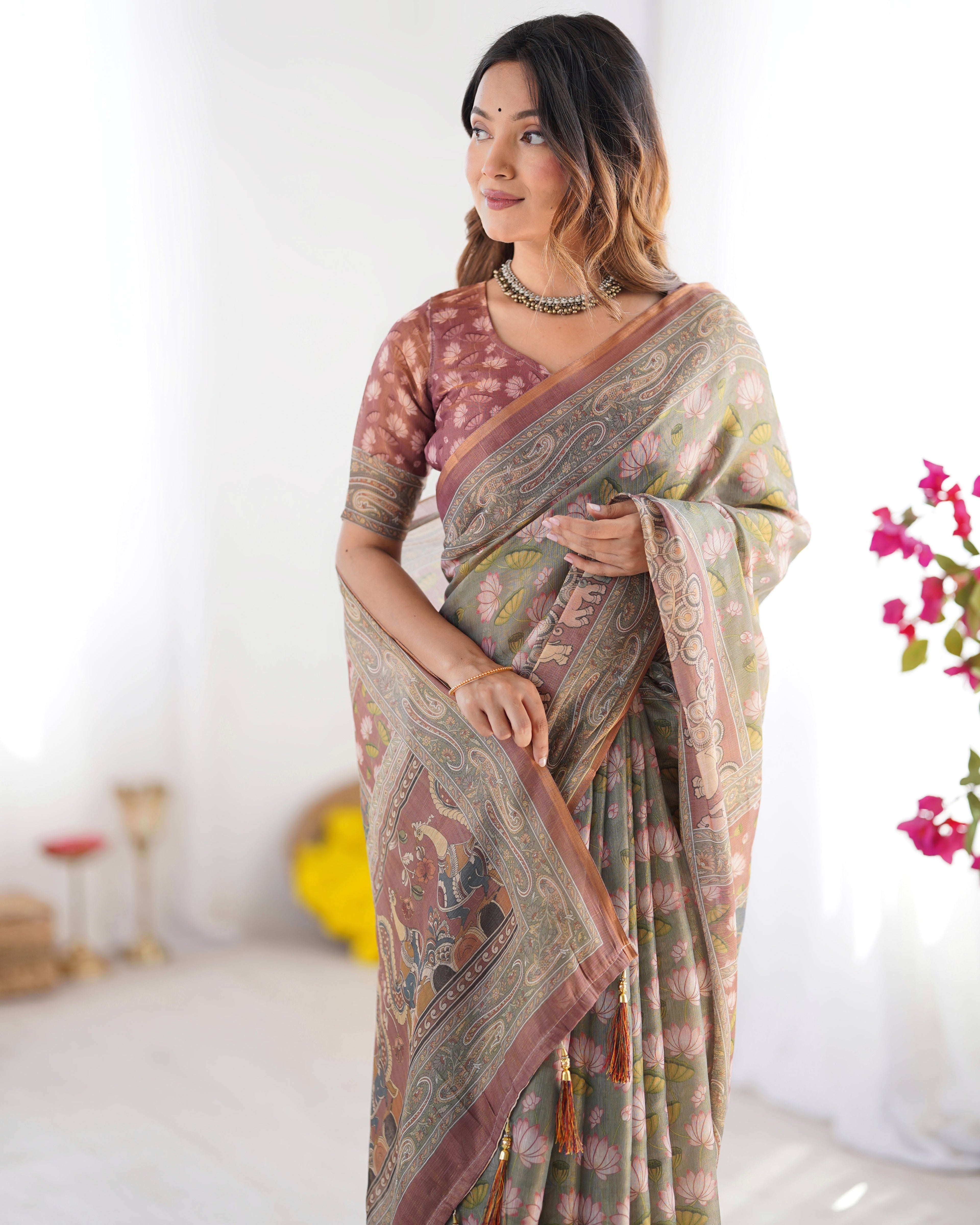 Olive Green Pure Linen Cotton Handloom Saree with Pink Lotus Motifs & Maroon Blouse