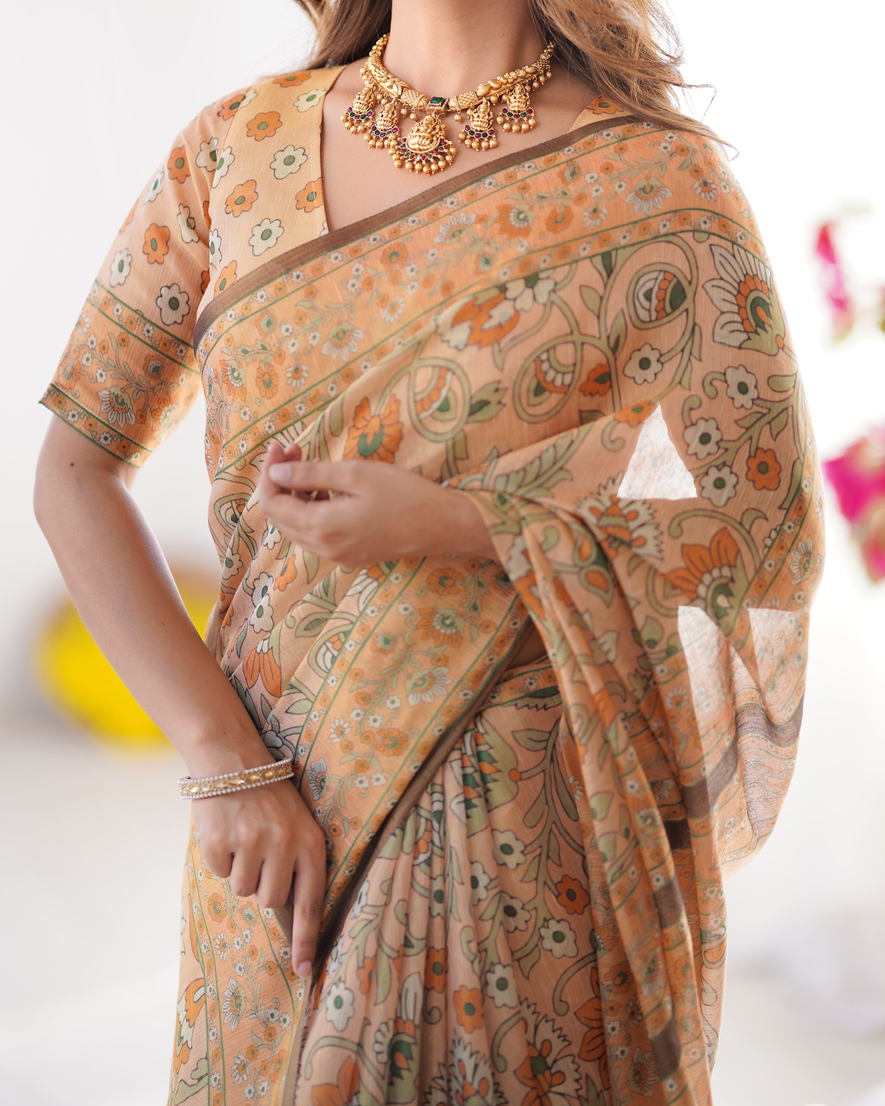 Peach Orange Pure Linen Cotton Handloom Saree with Floral Vine Print and Elegant Pallu Artwork